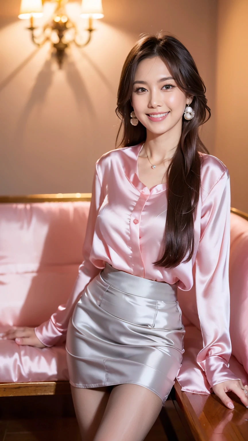 (RAW Photos:1.2)、 (Realistic:1.4),(D cup breasts),Thick legs、alone、(pink silk_blouse:1.5),(Grey pencil skirt:1.5),(Knee-length skirt:1.8)、(Pearl_Earrings:1.3),Jewelry Necklace Short Hair,black eye、(Dimly lit luxury boutique:1.8)、(Looking at the audience:1.2)、Beautiful Japanese Woman, Very detailed,High resolution, Very detailed,Highest quality,Raise awareness,Unified,8k wallpaper,masterpiece,Highest quality,1 female,alone,rich,Whole Body Ezbian,((smile:1.5))、(Full body photo)、Sit on the sofa with your legs together、Black pumps、Wooden floor、chandelier