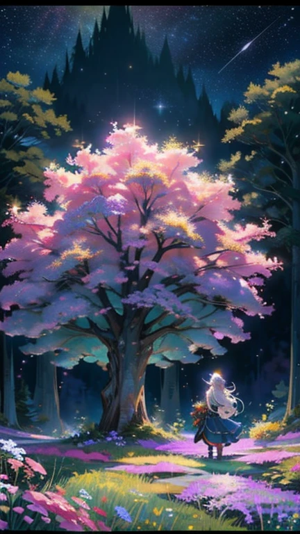 Painting of a night sky with a half moon, night sky full of flowers, Lilac bush, Moonlight shining on wildflowers, Detailed gouache paintings, Starry sky painting, Trees and flowers, lush Trees and flowers, Flower field at night, Realistic Flower Oil Painting, Flower Splash Painting, Cotton candy bush, Flowers and trees, Luminescent oil painting