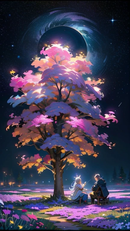 Painting of a night sky with a half moon, night sky full of flowers, Lilac bush, Moonlight shining on wildflowers, Detailed gouache paintings, Starry sky painting, Trees and flowers, lush Trees and flowers, Flower field at night, Realistic Flower Oil Painting, Flower Splash Painting, Cotton candy bush, Flowers and trees, Luminescent oil painting