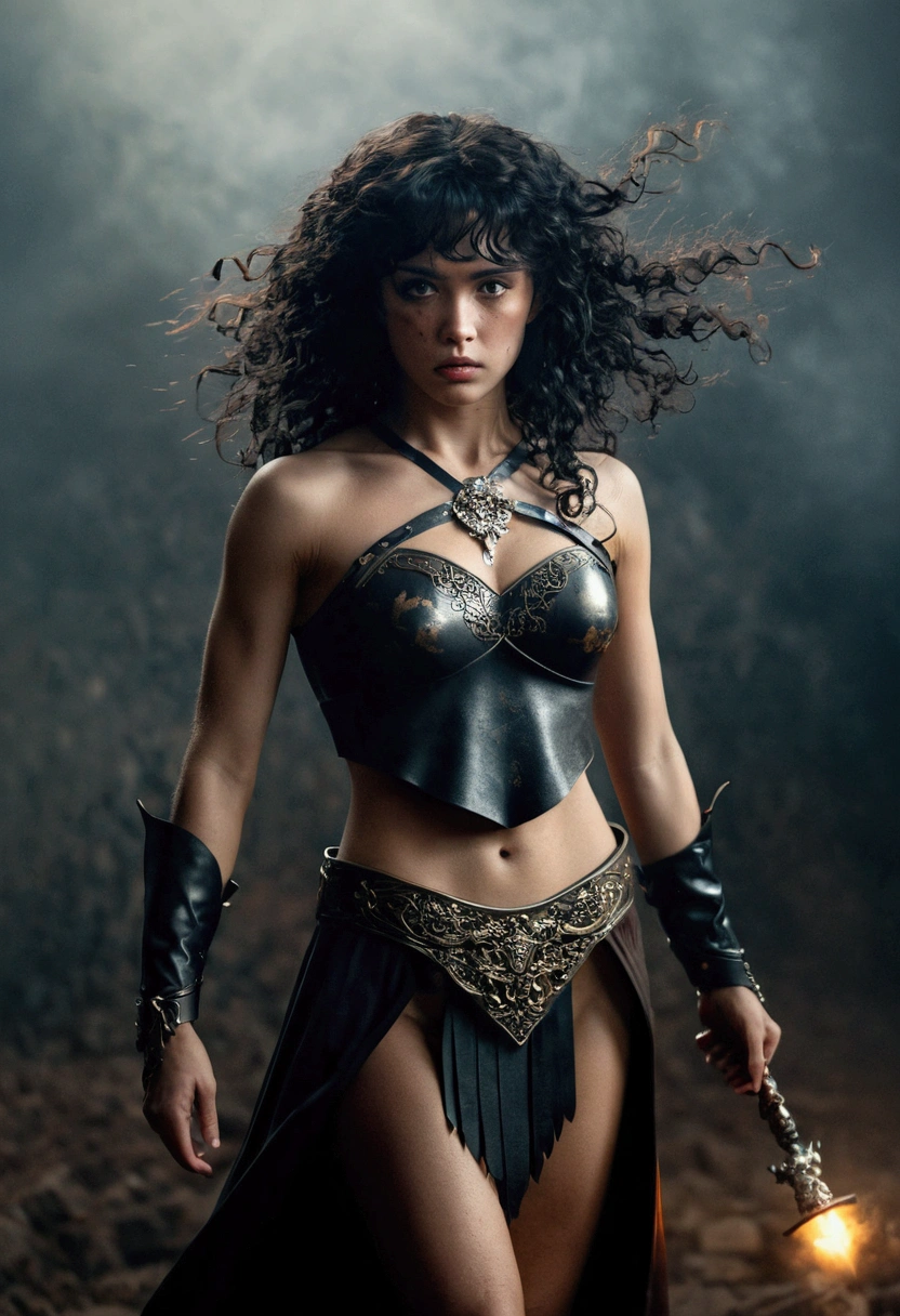 (best quality, High resolution, ​masterpiece, overhead view:1.20),ultradetailed, (Full body:1.5), standing:1.2,  Height 162cm, Body weight 46kg, 20 age old, female warrior, topless , asymmetrical bangs, freckles, black hair, big curls, Long hair, dark eyes, posing lasciviously, gloomy ecstasy, dark atmosphere, mysterious aura, provoking Pose, Strong emotions, through urgent look, intense shadow, Foggy background, Subtle color palette, rough terrain, threatening mood, A supernatural sensation,