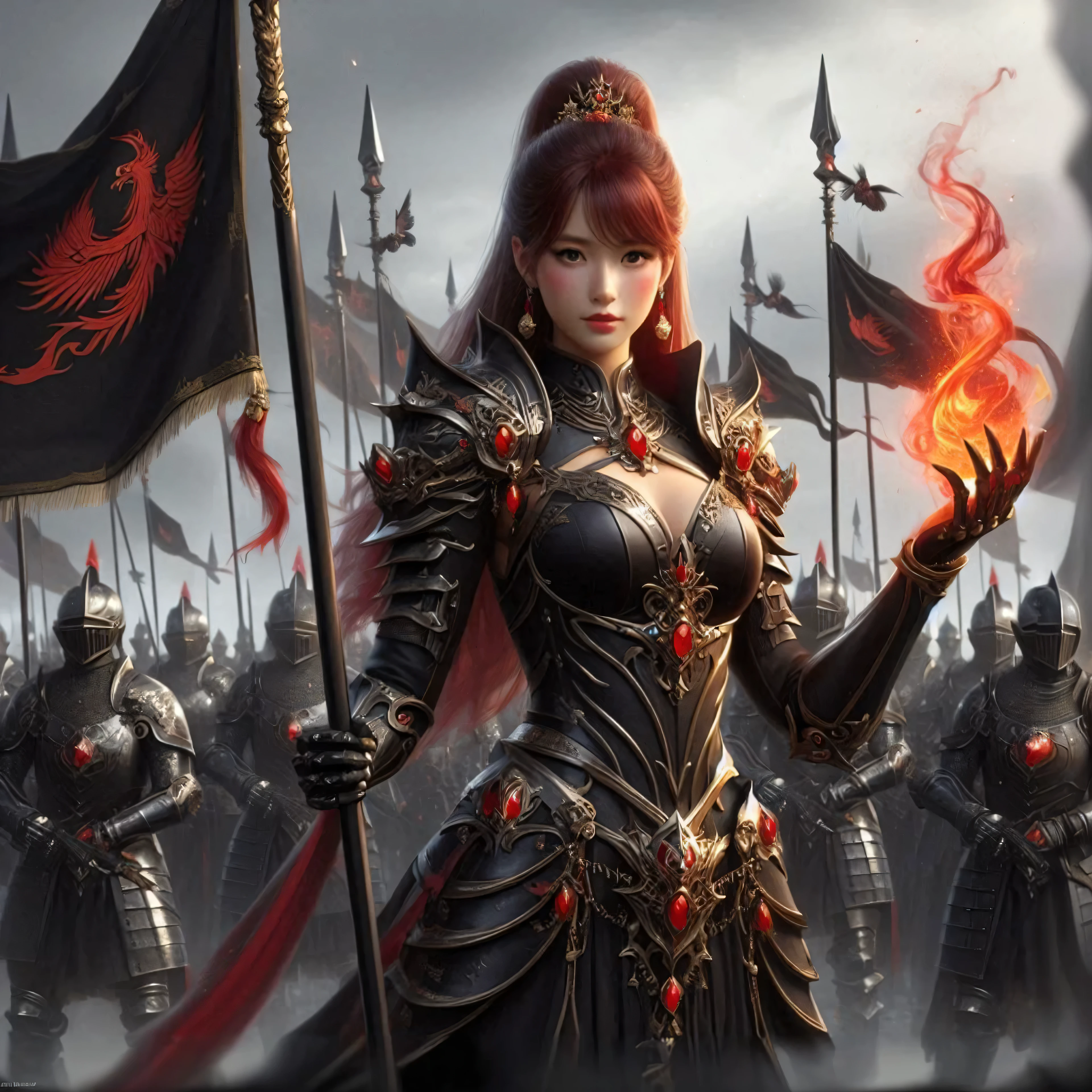 a medieval army of black steel armored knights, their faces covered,highly detailed, intricate armor, dramatic lighting, cinematic,dark moody atmosphere, epic fantasy, gritty realism, 8k, photorealistic, dramatic shadows, volumetric lighting, ornate weaponry, imposing presence, grim determination,powerful war horses, battlefield scene,stormy skies, dramatic clouds