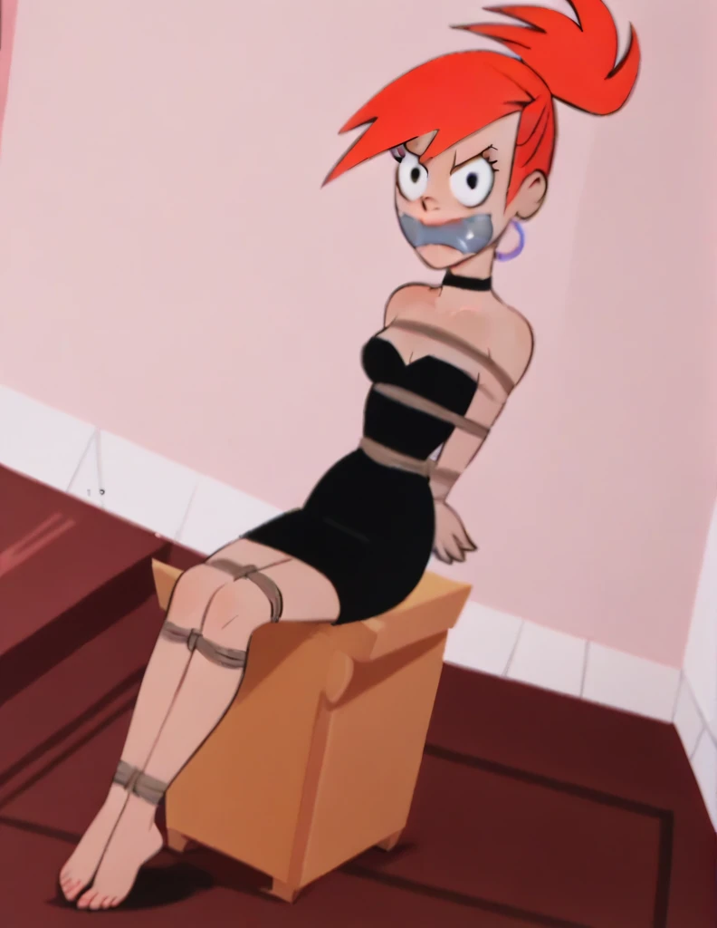 Masterpiece, detaied, high quality, FrankieFoster, 1girl, lipstick, dress, black dress, solo, red hair, barefoot, sit on a chair, tied ankles together, tape gagged,tied arms, ponytail, high ponytail, bare shoulders,indoors, looking at viewer, score_9, score_8_up, score_7_up, score_6_up, score_5_up, score_4_up