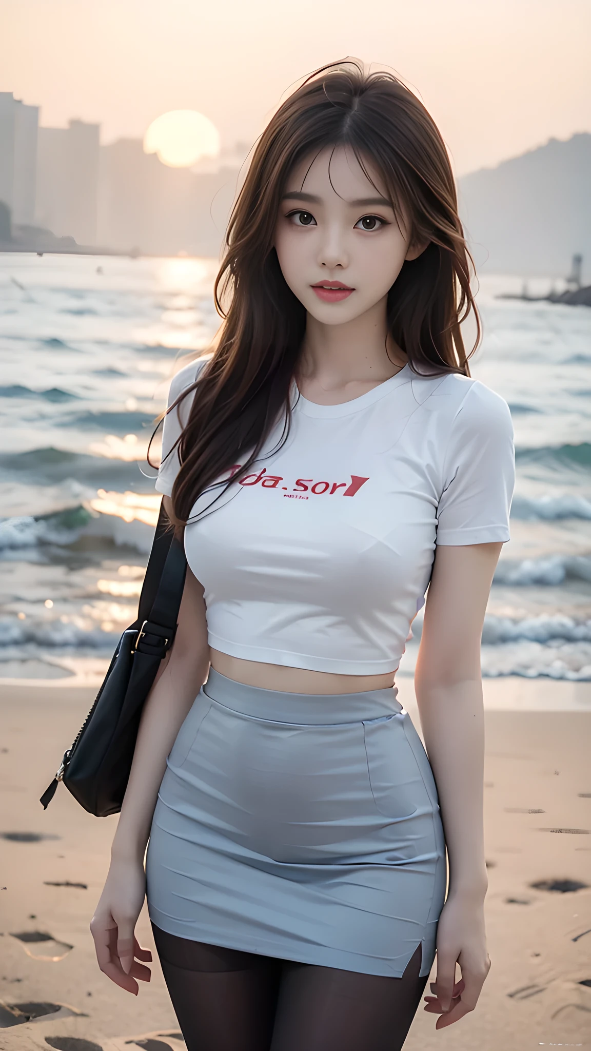 ulzzang-6500-v1.1, (RAW Photos:1.2), (Photorealistic), (Genuine:1.4), 1girl、Perfect Anatomy、20 years old、Looking at the camera、Medium Long Hair、red T-shirt, skirt, ((on the beach at sunset :1.1))、(Ultra-realistic pantyhose:1.2), (Business services)、Asian Eyes Ella,
