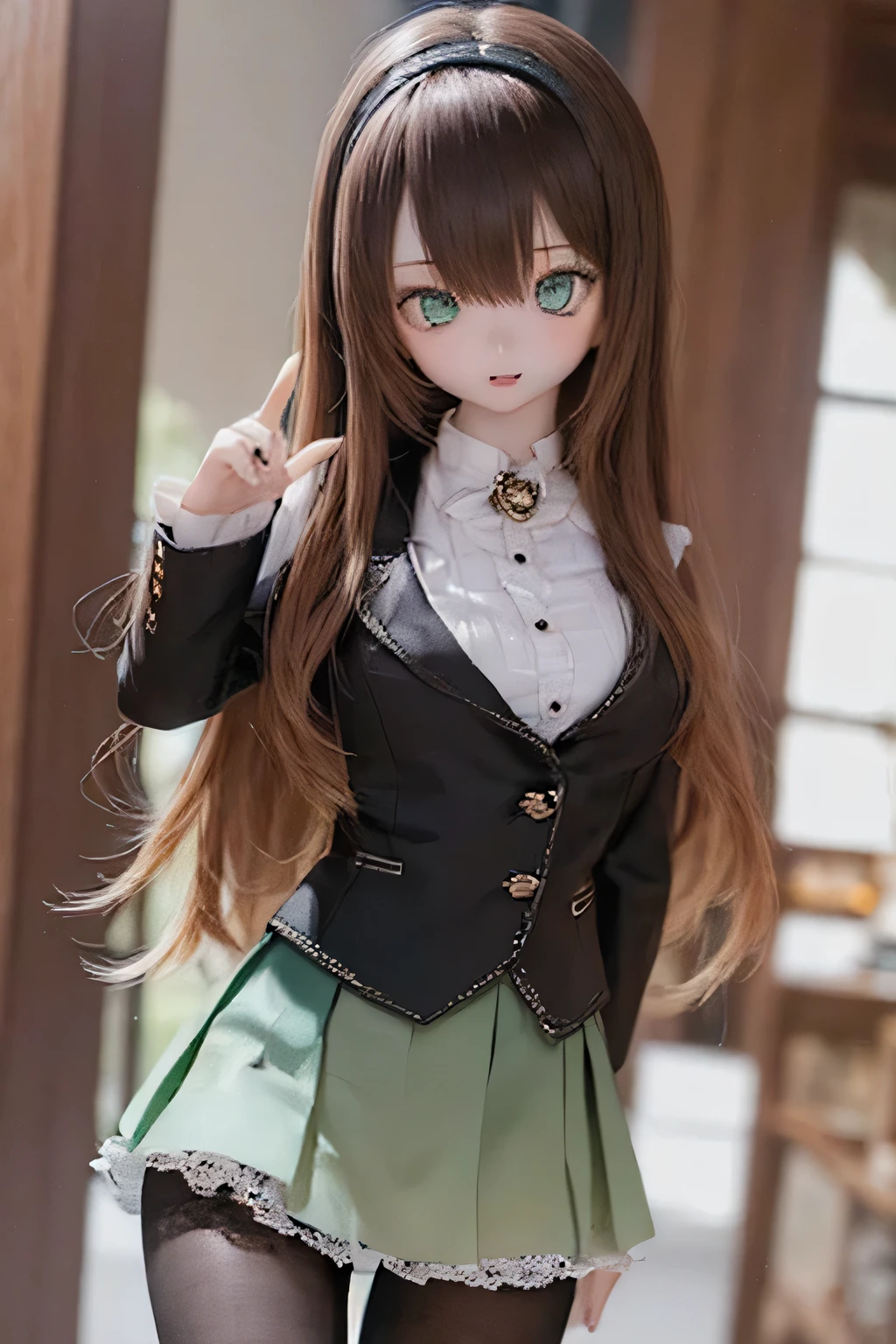 (SFW:2), photorealistic, realistic photo, 8k, ((highest quality)), ((masterpiece)), (extremely detailed), kukolnydom, doll, (mature woman, 21yo, 21 years old, solo:1.6), ((cowboy shot, stylish pose, slim, slender, skinny, medium breasts, hairband, ascot, vest, blouse, long puff sleeves, pleated skirt, black pantyhose)), (green eyes, brown hair, long hair, plastic skin, looking at another, glass eyes, gradient eyes, shining eyes, detailed eyes:1.3)