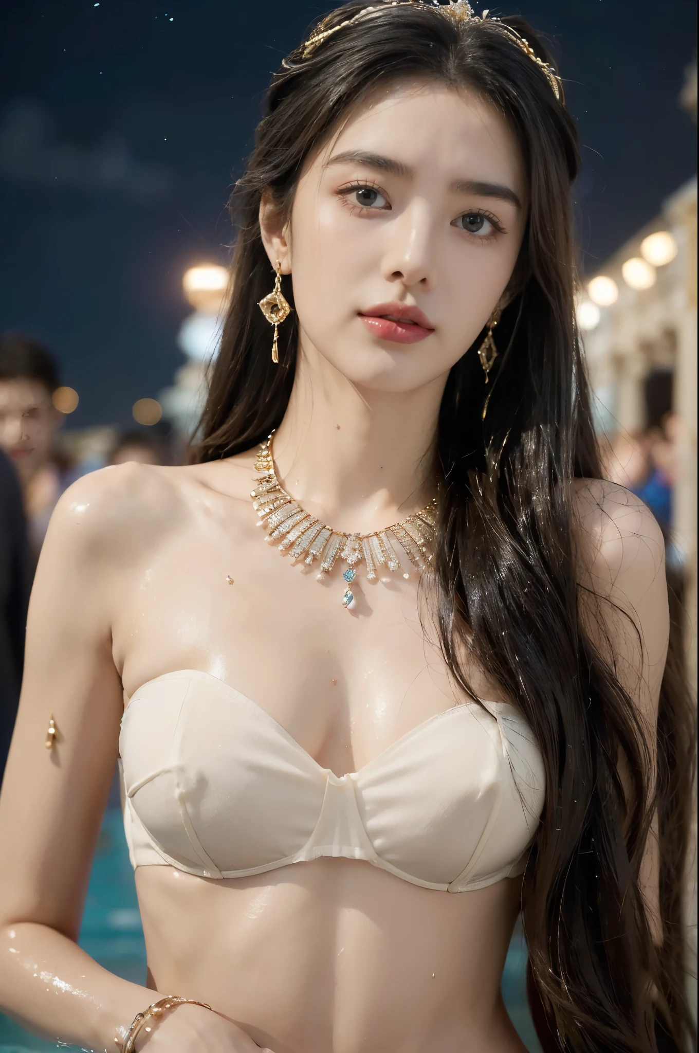 (((best quality))),(((ultra detailed))),(((masterpiece))),illustration,((1 beautiful girl,ancient greek princess,solo)),((earrings,crystal necklace)),(((sweat,wet,shiny skin))),((slim,thin)),((small breasts,flat chest)),(strapless Gorgeous sheer bra:1.3),(((luxurious pool,grand temple,starry night sky))),summer,radiant complexion,(shoulder length straight hair:1.2),graceful,intricate patterns,embellishments,shimmering fabric,rainbow colors,gentle waves,fragrant oils,lush plants,elegant columns,serene ambiance,(surrounded by crowded crowds of attendants:1.3),ritual of cleansing,opulence,tranquility,solitude,busy life,timeless,enchanting image,essence of ancient greece,(((from front,close-up of face)))