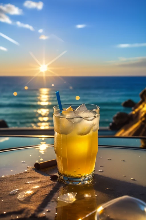 (masterpiece:1.2, Highest quality,Highest quality,Super detailed:1.2),(Very detailed),8k,(Photorealistic),(RAW Photos:1.2),A clear, stylish glass on the table contains melon soda.,Carbonated bubbles,straw,Carbonated water with ice cream on top,Beach under the scorching sun,(Beautiful blue sky),((Sunlight reflecting off the glass)),(Cool looking photo)