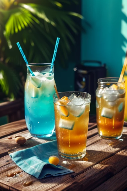 (masterpiece:1.2, Highest quality,Highest quality,Super detailed:1.2),(Very detailed),8k,(Photorealistic),(RAW Photos:1.2),A clear, stylish glass on the table contains melon soda.,Carbonated bubbles,straw,Carbonated water with ice cream on top,Beach under the scorching sun,(Beautiful blue sky),((Sunlight reflecting off the glass)),(Cool looking photo)