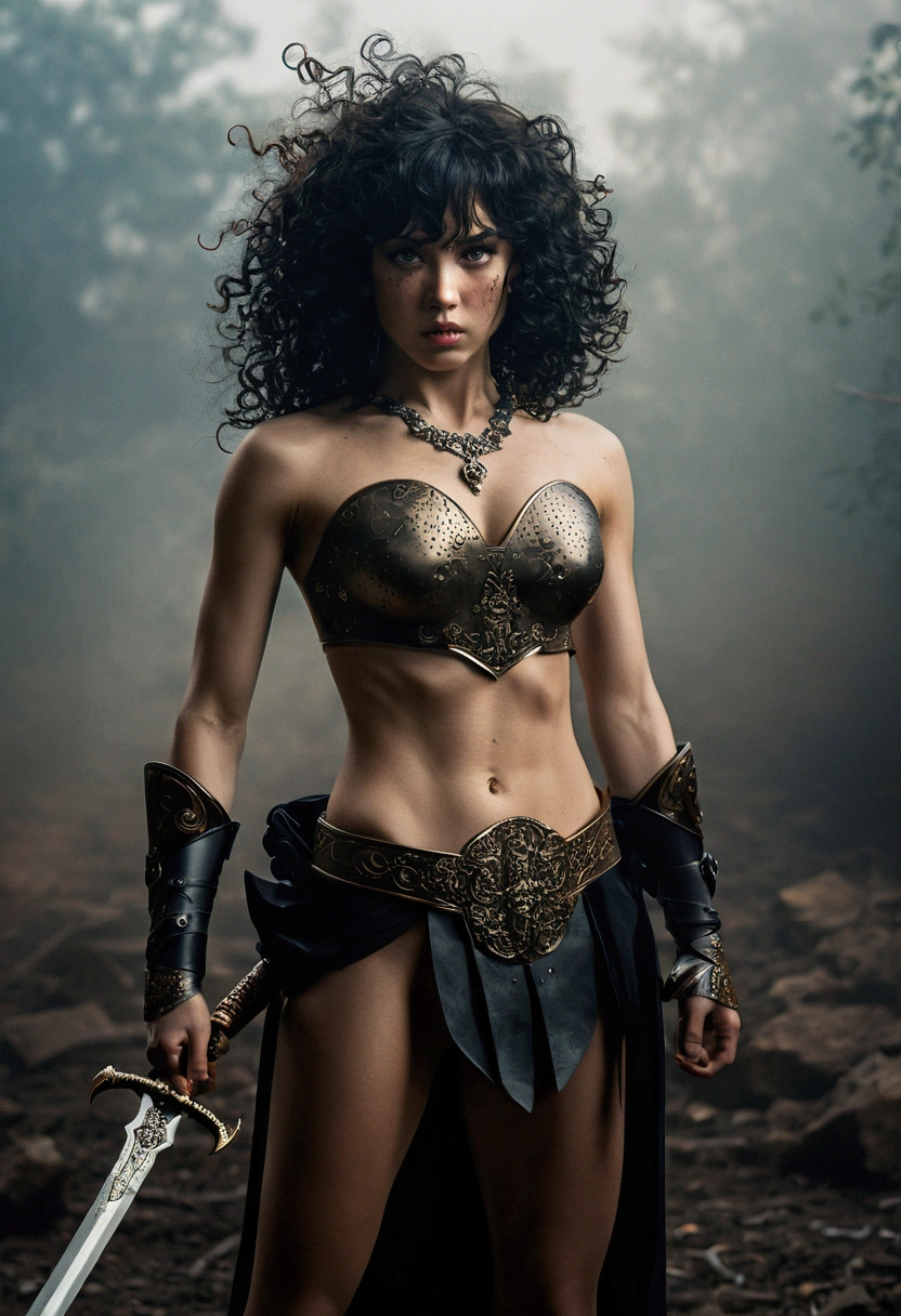 (best quality, High resolution, ​masterpiece, overhead view:1.20),ultradetailed, (Full body:1.5), standing:1.2,  Height 162cm, Body weight 46kg, 20 age old, female warrior, topless , asymmetrical bangs, freckles, black hair, big curls, Long hair, dark eyes, posing lasciviously, gloomy ecstasy, dark atmosphere, mysterious aura, provoking Pose, Strong emotions, through urgent look, intense shadow, Foggy background, Subtle color palette, rough terrain, threatening mood, A supernatural sensation,