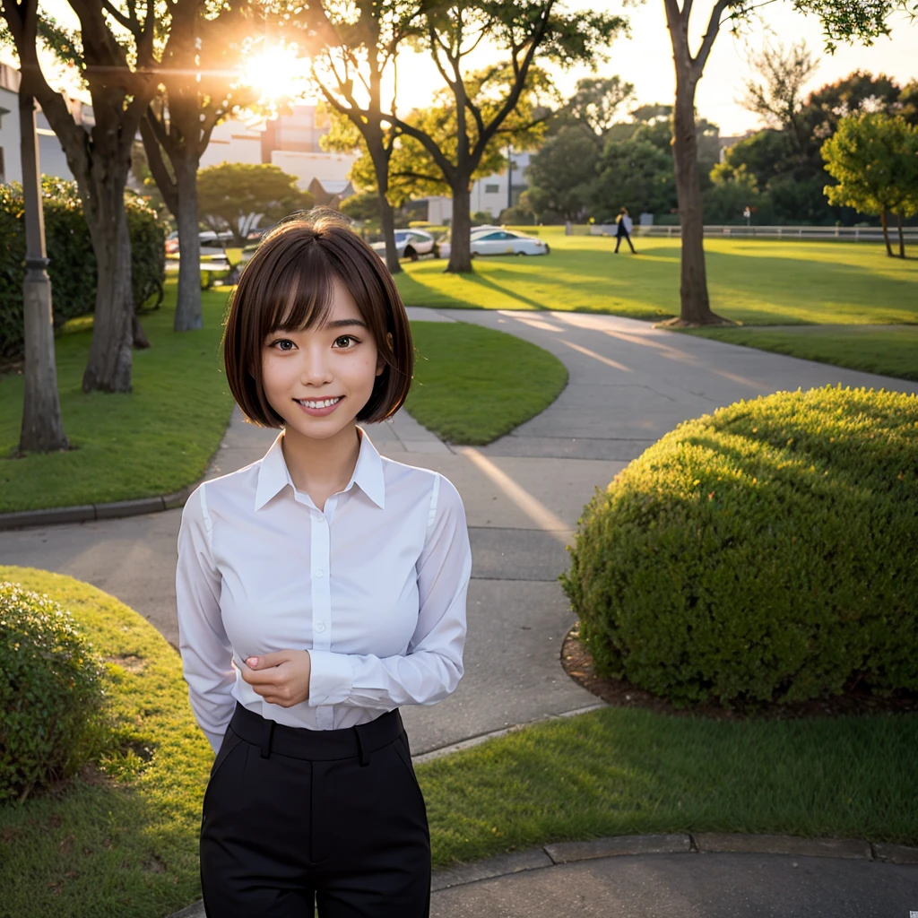 Highest quality,master piece,incredibly absurdres,high resolution,lens flare,a girl, one girl,solo focus,alone,full body,perfect anatomy,8k,a girl, one girl,solo focus,alone,Japanese women,26 years old,smile,teeth,hand on the headbowl cut hair(brown),Large Breasts,collared shirt,chino pants,The background is a park,evening,sunset,one girl