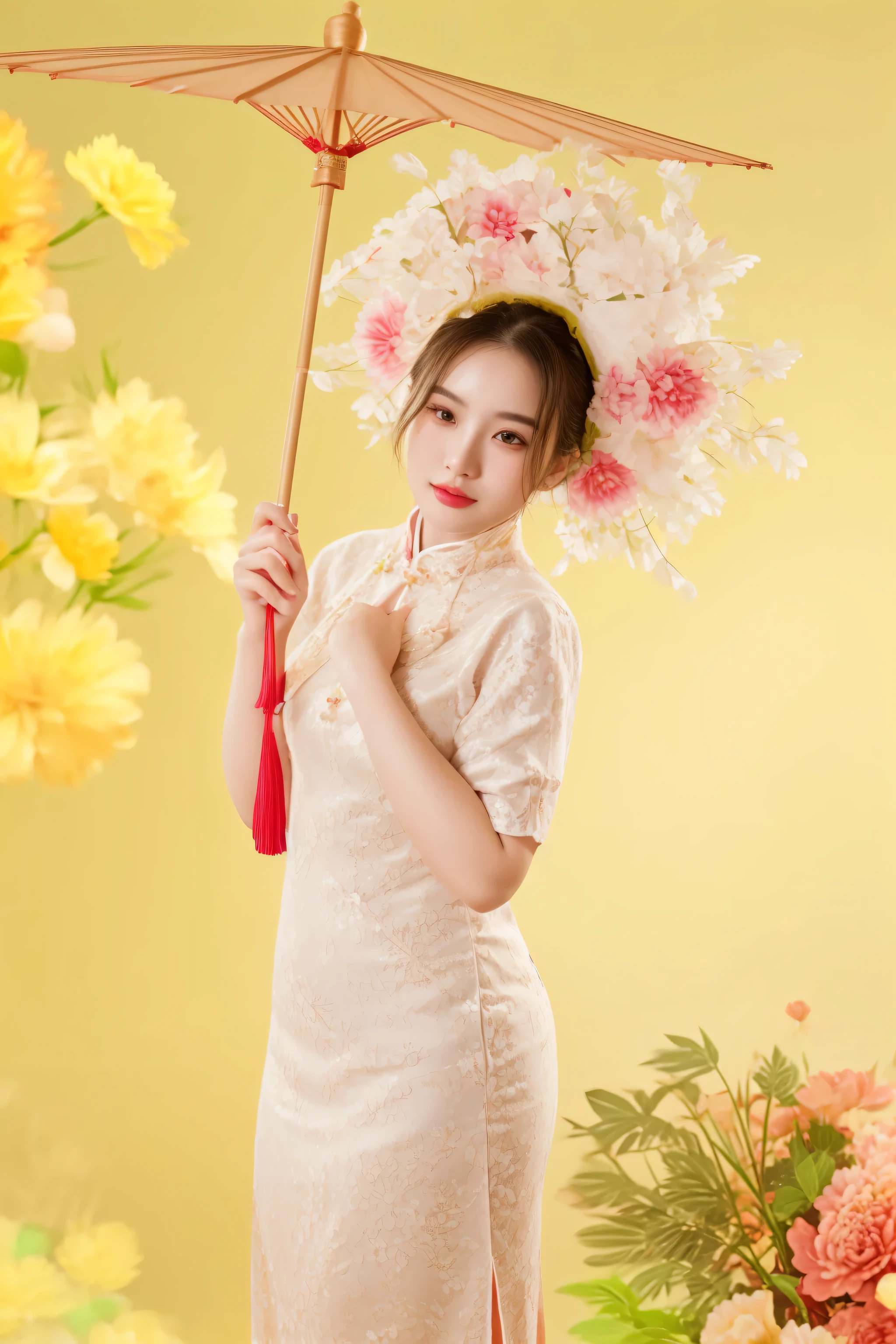 there is a woman in a dress and a hat holding an umbrella, chinese woman, cheongsam, chinese girl, traditional chinese, chinese costume, traditional chinese clothing, elegant japanese woman, a young asian woman, chinese style, japanese woman, young asian woman, asian woman, with acient chinese clothes, chinese dress, an asian woman, young asian girl