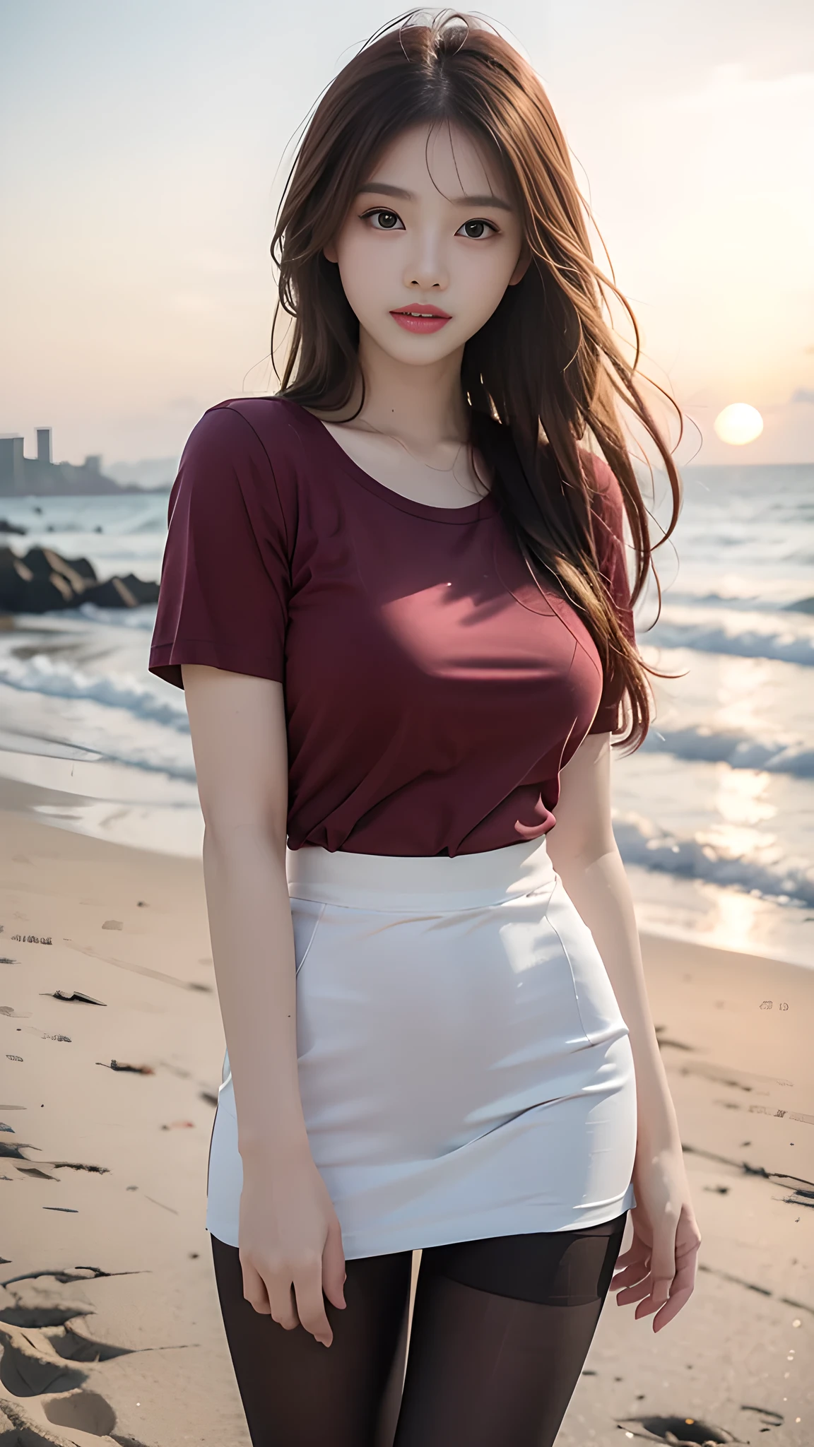ulzzang-6500-v1.1, (RAW Photos:1.2), (Photorealistic), (Genuine:1.4), 1girl、Perfect Anatomy、20 years old、Looking at the camera、Medium Long Hair、red T-shirt, skirt, ((on the beach at sunset :1.1))、(Ultra-realistic pantyhose:1.2), (Business services)、Asian Eyes Ella,