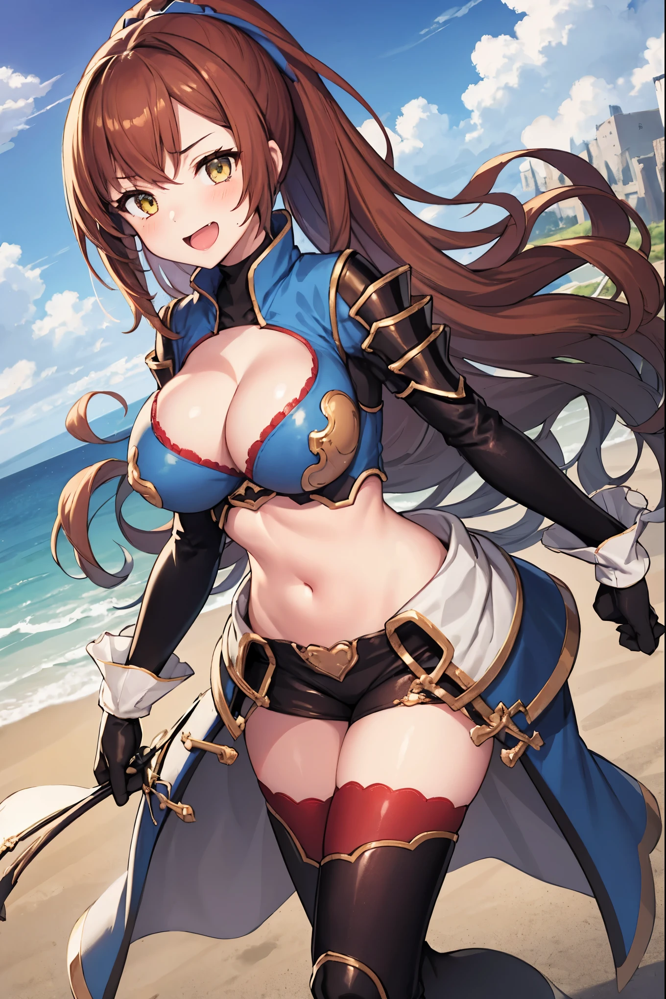 masterpiece, best quality, 1teen_girl,def,beatrix, ponytail, hair ribbon, gauntlets, blue shirt, gloves, cleavage cutout, looking at viewer, big_smile, large breasts, sky_landscape_background ,,happy,covered_nipples,young_,full_of_beans,,laugh,blush,open_mouth,thigh-highs, glower,open_legs,rise_knee,(angry:0.8)