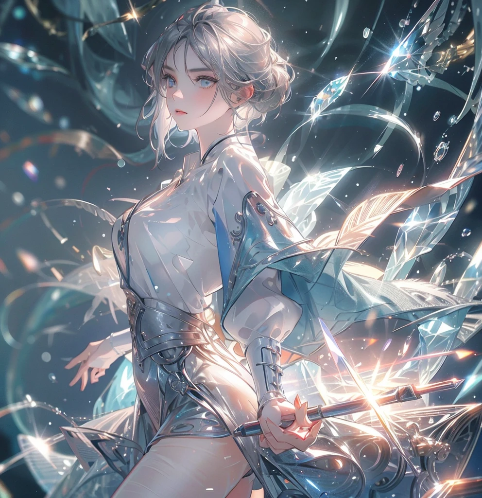 silver hair, short hair, asymmetrical bangs, crystal hair, shiny hair, Surrealism, lens flare, anime, 8k, super detail, UHD, retina, masterpiece, accurate, anatomically correct, textured skin, super detail, high details, high quality, award winning, best quality, highres
A girl inspired by Uranus, with a lively atmosphere but a sad and dignified expression. She has short silver hair. The background includes meteors streaking across the sky