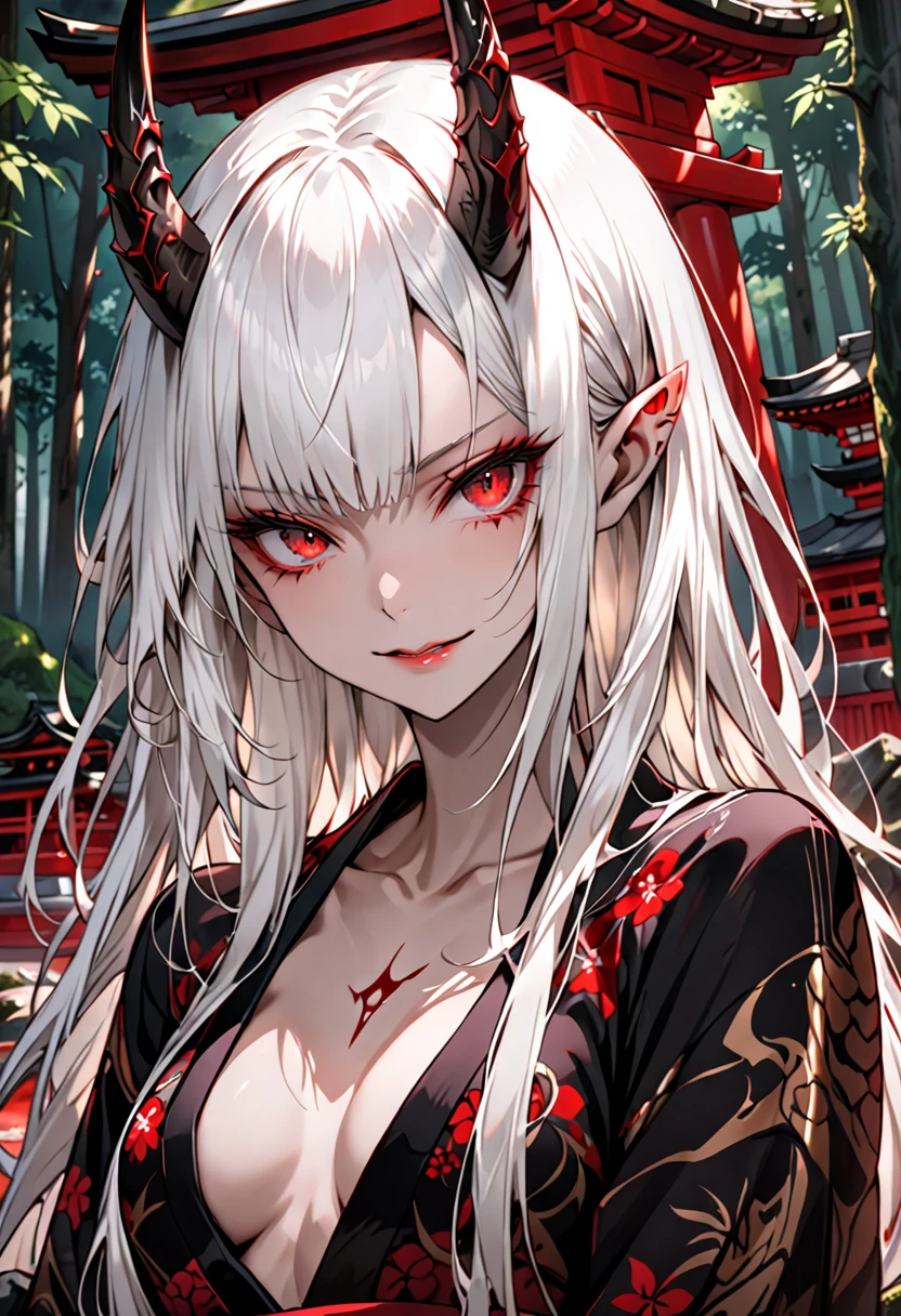 female, oni, flesh horns, dark luxurious kimono, white hair, long hair, small breasts, cleavage, red eyes, huge kanabō resting on ground, forest, Japanese shrine, straight hair, feminine, sadistic smile, close up