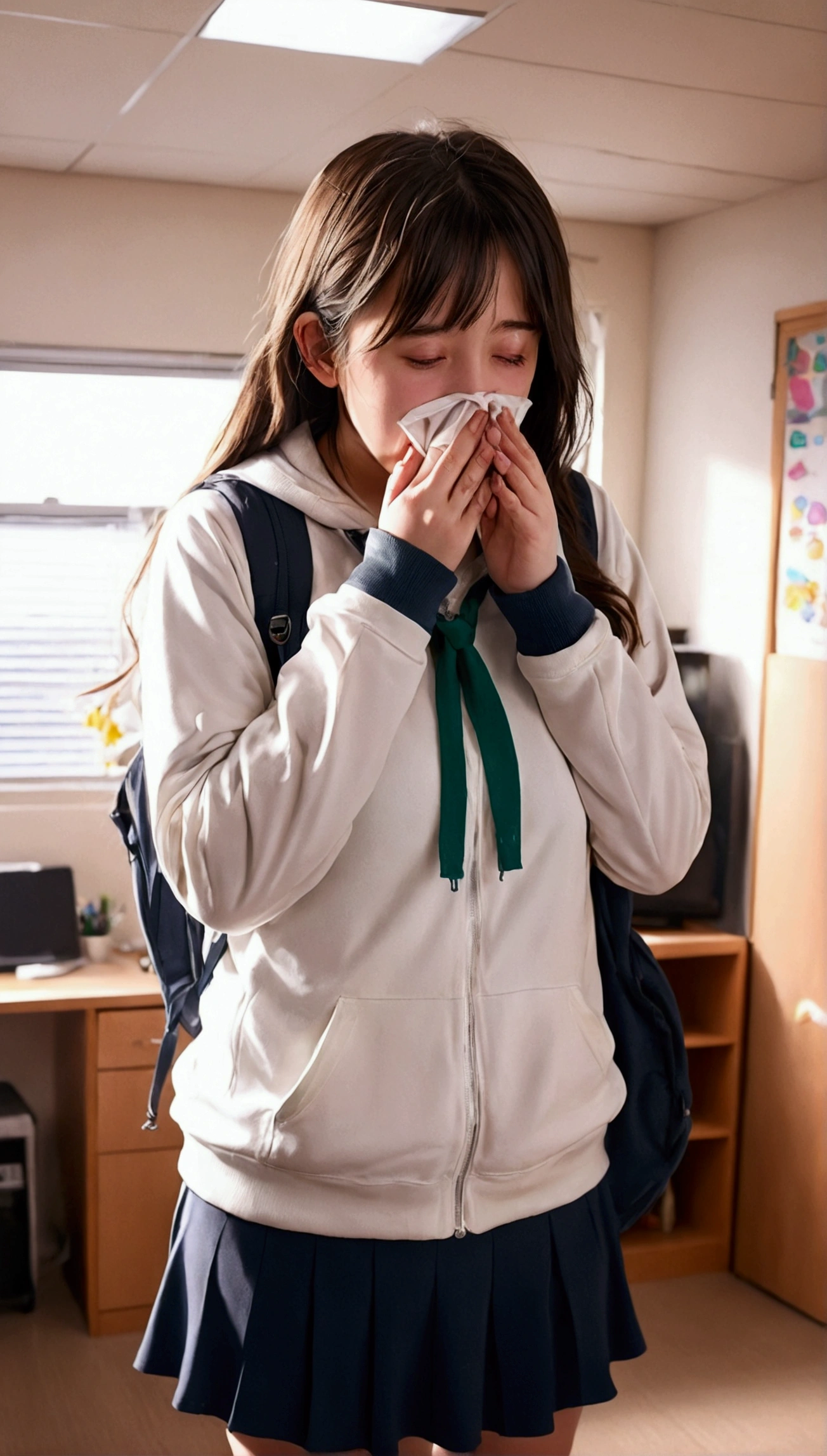 anime. Young woman. high school student. Fat basin. . sneezes. Snot flows from the nose. Covers nose with hands. standing. cool room. full length. Full body. 8 K. Ultra high quality. Highest resolution.