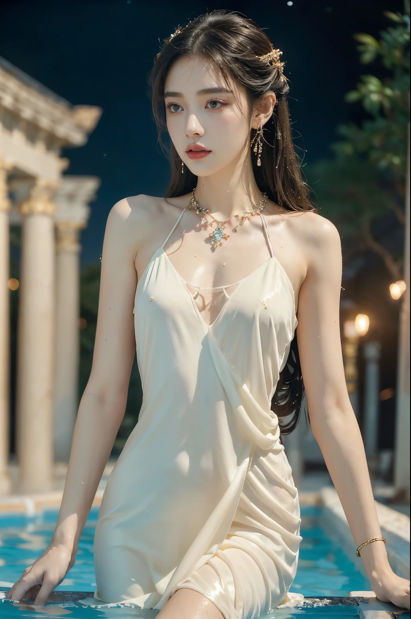(((best quality))),(((ultra detailed))),(((masterpiece))),illustration,((1 beautiful girl,ancient greek princess,solo)),((earrings,crystal necklace)),(((sweat,wet,shiny skin))),((slim,thin)),((small breasts,flat chest)),(Gorgeous sheer dress:1.3),(slender legs:1.2),(((luxurious pool,grand temple,starry night sky))),summer,radiant complexion,(shoulder length straight hair:1.2),graceful,intricate patterns,embellishments,shimmering fabric,rainbow colors,gentle waves,fragrant oils,lush plants,elegant columns,serene ambiance,(surrounded by crowded crowds of attendants:1.3),ritual of cleansing,opulence,tranquility,solitude,busy life,timeless,enchanting image,essence of ancient greece,((from front,upper body))