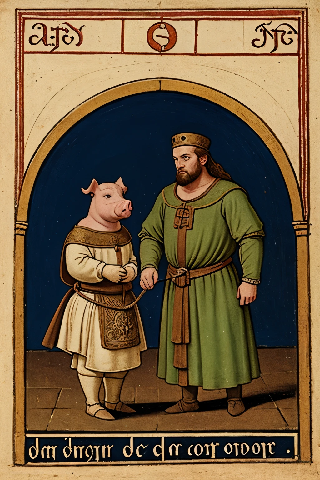  a medieval image with a pig with a rope around its neck being judged by men 