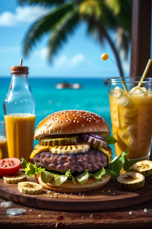 (masterpiece:1.2, Highest quality,Highest quality,Super detailed:1.2),(Very detailed),8k,(Photorealistic),(RAW Photos:1.2),A clear, stylish glass on the table contains melon soda.,Carbonated bubbles,straw,Carbonated water with ice cream on top,Beach under the scorching sun,(Beautiful blue sky),((Sunlight reflecting off the glass)),(Cool looking photo), hamburgers, coconut, bananas,