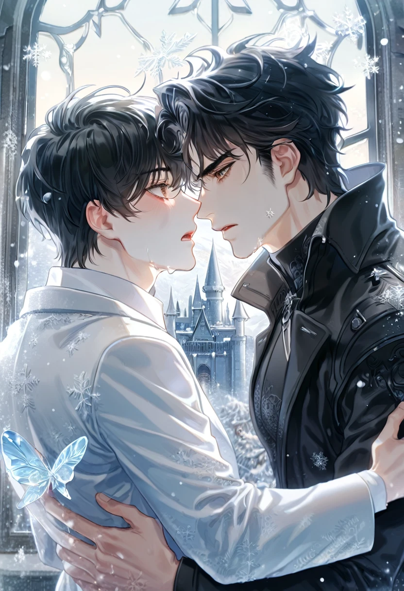 (absurdres, highres, ultra detailed, HDR) master piece, best quality, extremely detailed face, delicated features, Yoo Joonghyuk holding Kim Dokja in his arms, black hair, expressive brown eyes, Omniscient Reader's Viewpoint, two men together, yaoi, gay couple, dying, clothes stained with blood, sadness, tears, crying, black coat, white coat, castle, window, snow, snowflakes, ice butterflies
