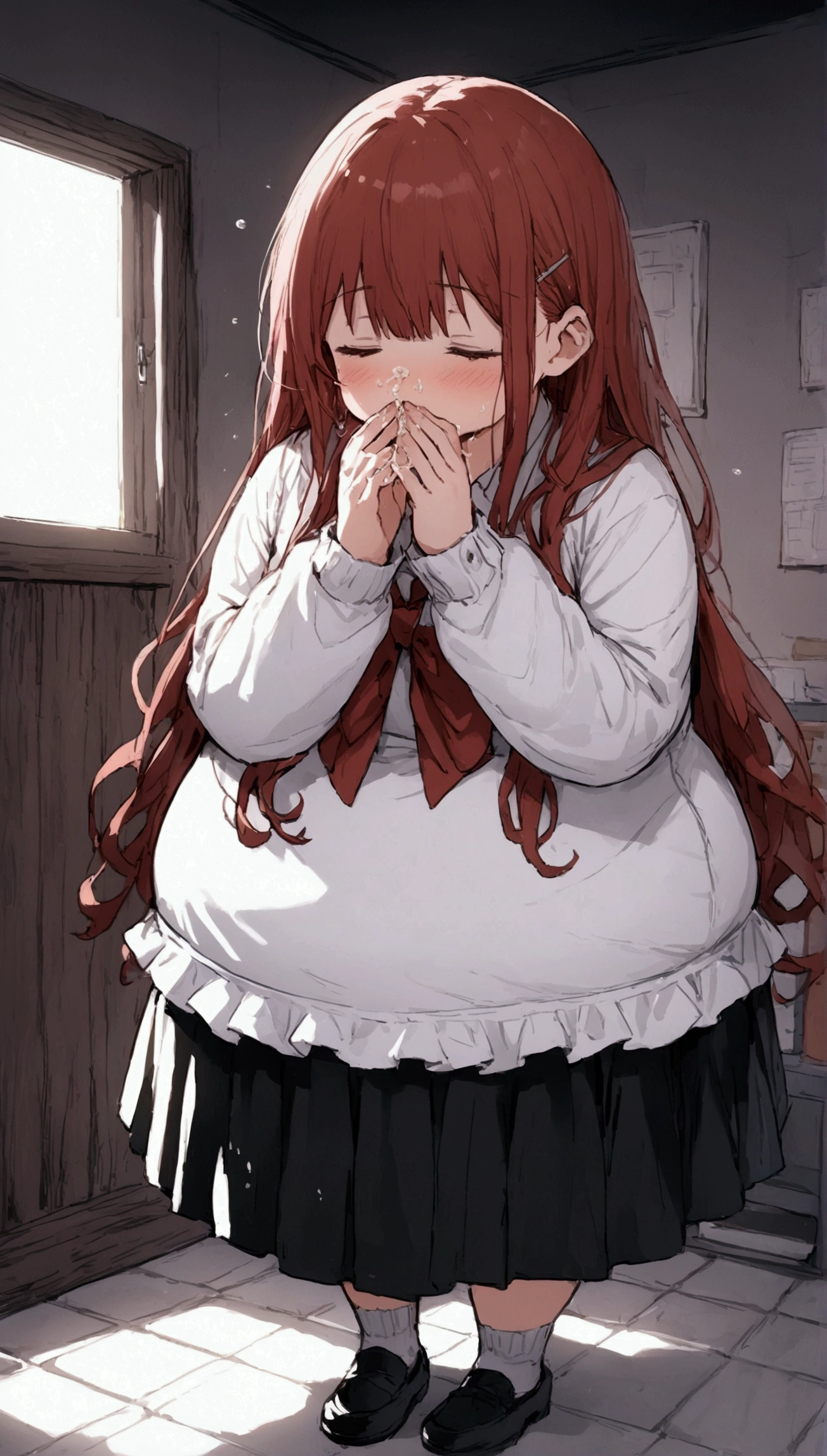 anime. Young woman. high school student. Fat basin. . sneezes. Snot flows from the nose. Covers nose with hands. standing. cool room. full length. Full body. 8 K. Ultra high quality. Highest resolution.