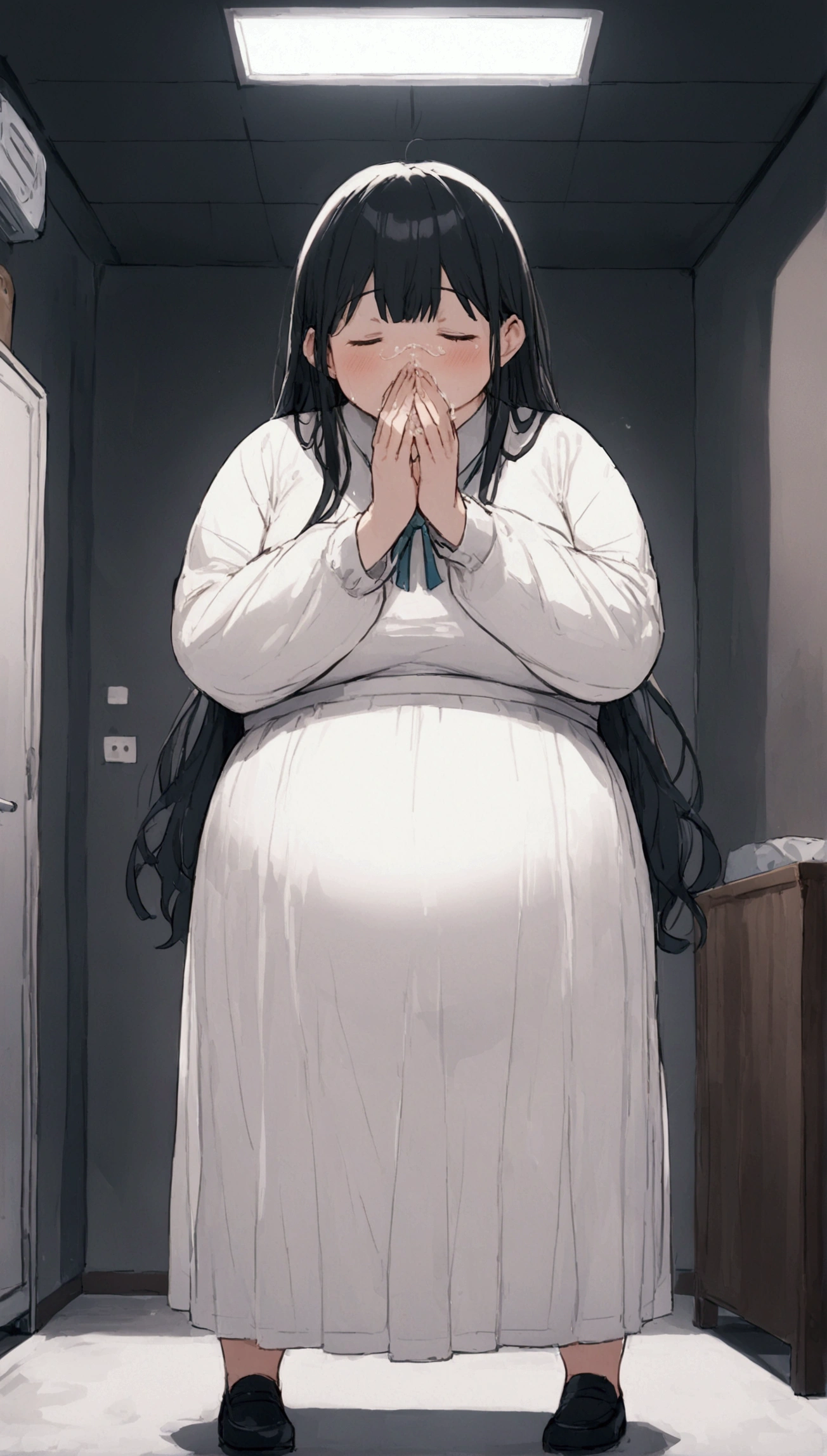 anime. Young woman. high school student. Fat basin. . sneezes. Snot flows from the nose. Covers nose with hands. standing. cool room. full length.  Full body. 8 K. Ultra high quality. Highest resolution.