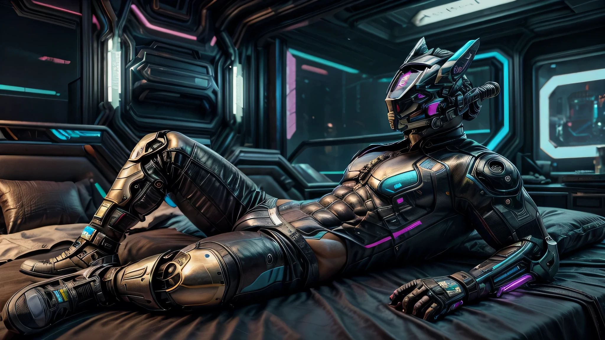 male, (muscular, full nude, only Glowing cyberpunk future helmet, business suit,) realistic, Bedroom, lying bed,