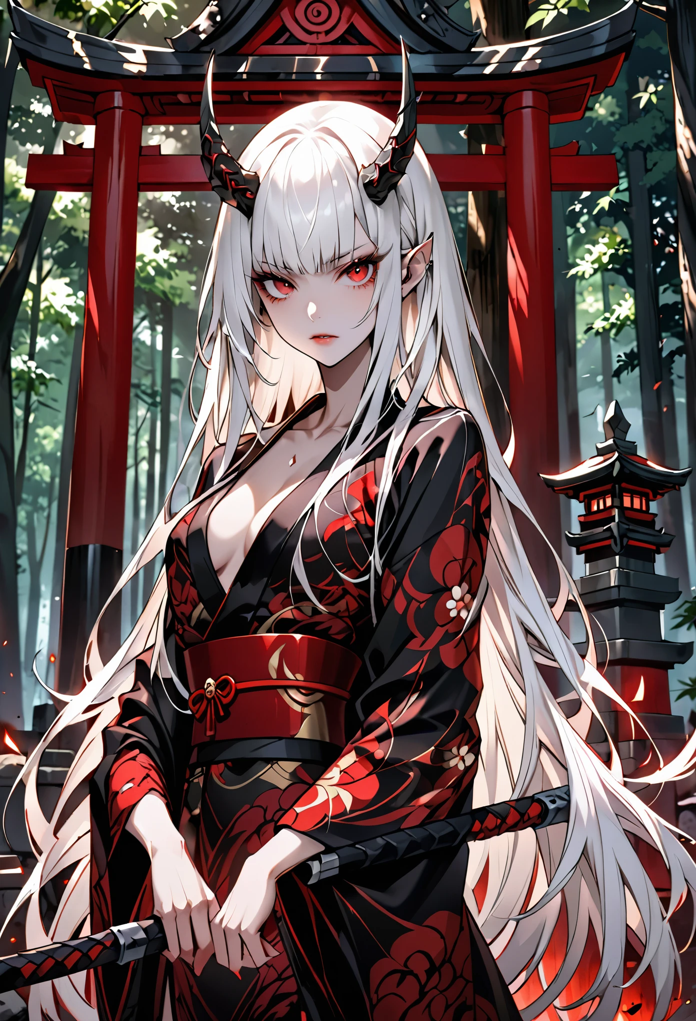 female, oni, flesh horns, dark luxurious kimono, white hair, long hair, small breasts, cleavage, red eyes, kanabou iron mace, forest, Japanese shrine, straight hair, feminine