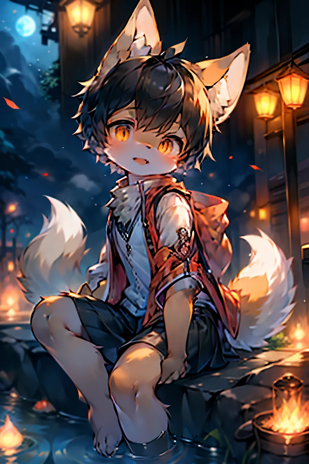 Fox Girl,Furry girls,Baby girl characteristics,Black hair,Orange Skin,Vest,Short skirt