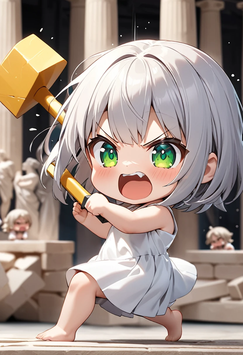 Highest quality, High resolution, Detailed Background, Beautiful face in every detail, Anatomically correct, Detailed facial expressions, fine grain、((full body:1.3, From side)), BREAK ((One Girl:1.3, Chibi Girl:1.3)), (Top sculptor), silver Hair, beautiful clear big green eyes, short hair,  BREAK ((khitons:1.5)), barefoot, (Background is inside the Parthenon, Many Greek sculpture), BREAK ((swinging a big hammer:1.2)), ((Angry expression with a wide open mouth)), ((Screaming)), (Motion Blur:1.5), (Blurred a Hammer:1.5)