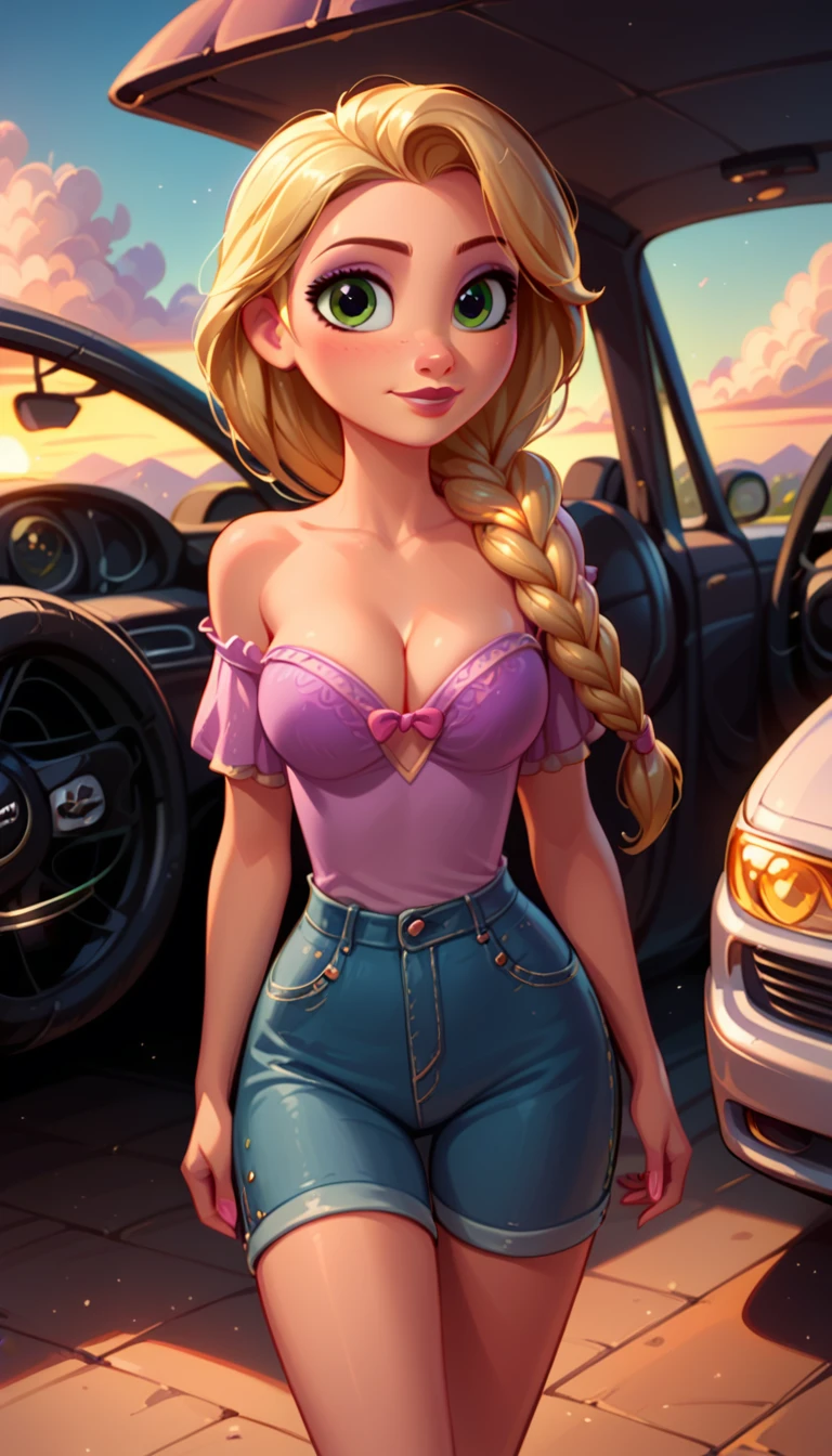 score_9, score_8_up, score_7_up, score_6_up, 1girl, solo, rapunzel (blonde hair, braid:1.1), (indy car pit girl attire:1.2), cleavage, looking cute, fashionable, cinematic lighting,, sunset, walking, Indy Car pit lane, cowboy shot.