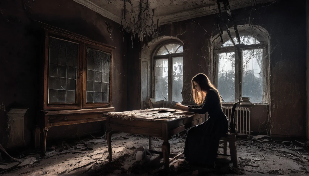 The interior of an old, abandoned manor, filled with cobwebs, broken furniture, and an eerie, ghostly glow. In the foreground, a modern young woman discovering a dusty old diary on a grand, decaying table. The diary has a faint glow, hinting at its significance. A ghostly hand is reaching for the diary from behind Emily."