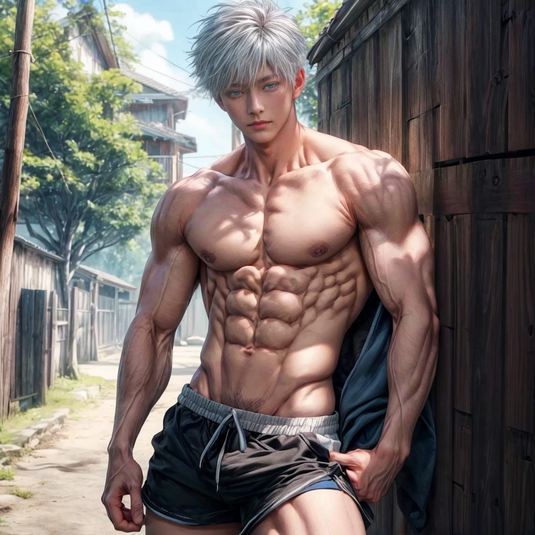 1boy, adult, handsome, perfect face, detailed eyes and face, clean shaved, muscular, capturing a rural atmosphere, dynamic lighting, unreal engine 5, hd picture, satoru gojo, white hair, short hair ,hair between eyes ,blue eyes, white skin, milk pink nipple