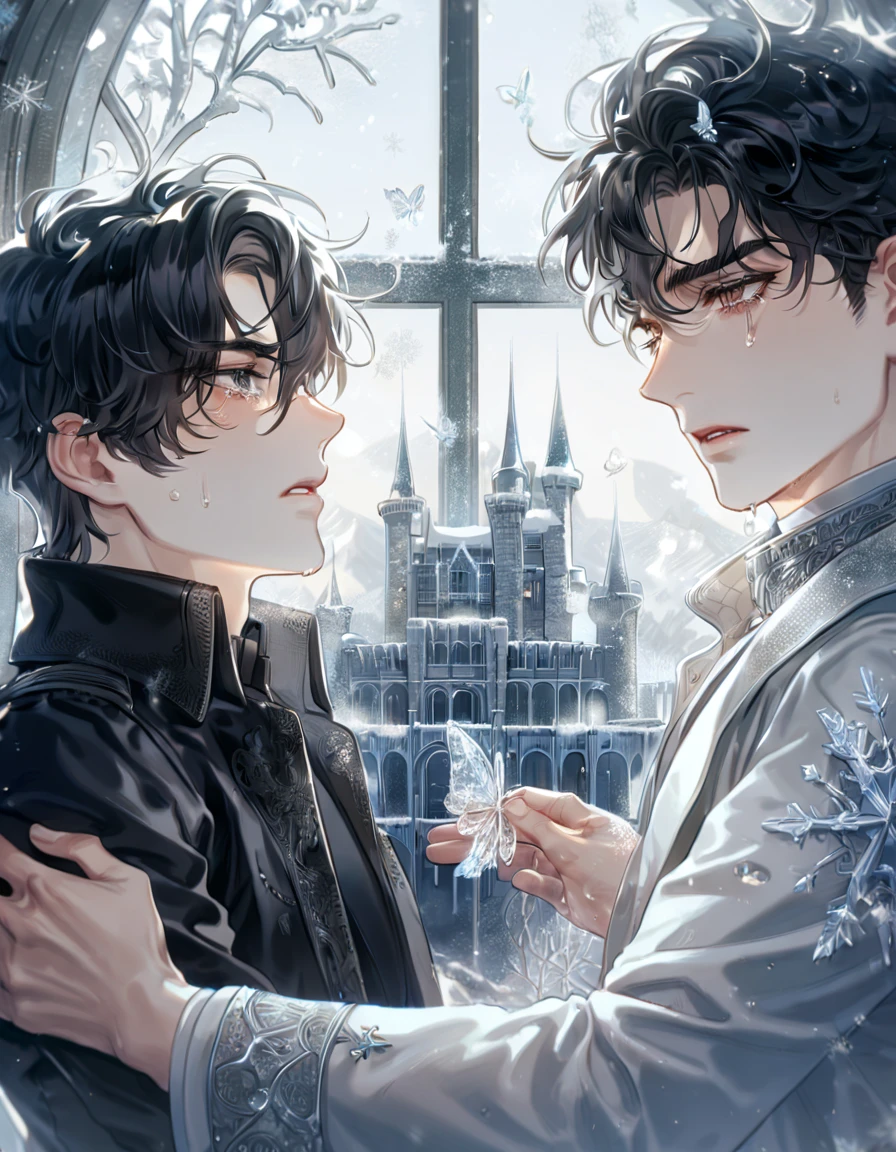 (absurdres, highres, ultra detailed, HDR) master piece, best quality, extremely detailed face, delicated features, Yoo Joonghyuk holding Kim Dokja in his arms, black hair, expressive brown eyes, Omniscient Reader's Viewpoint, two men together, yaoi, gay couple, dying, clothes stained with blood, sadness, tears, crying, black coat, white coat, castle, window, snow, snowflakes, ice butterflies