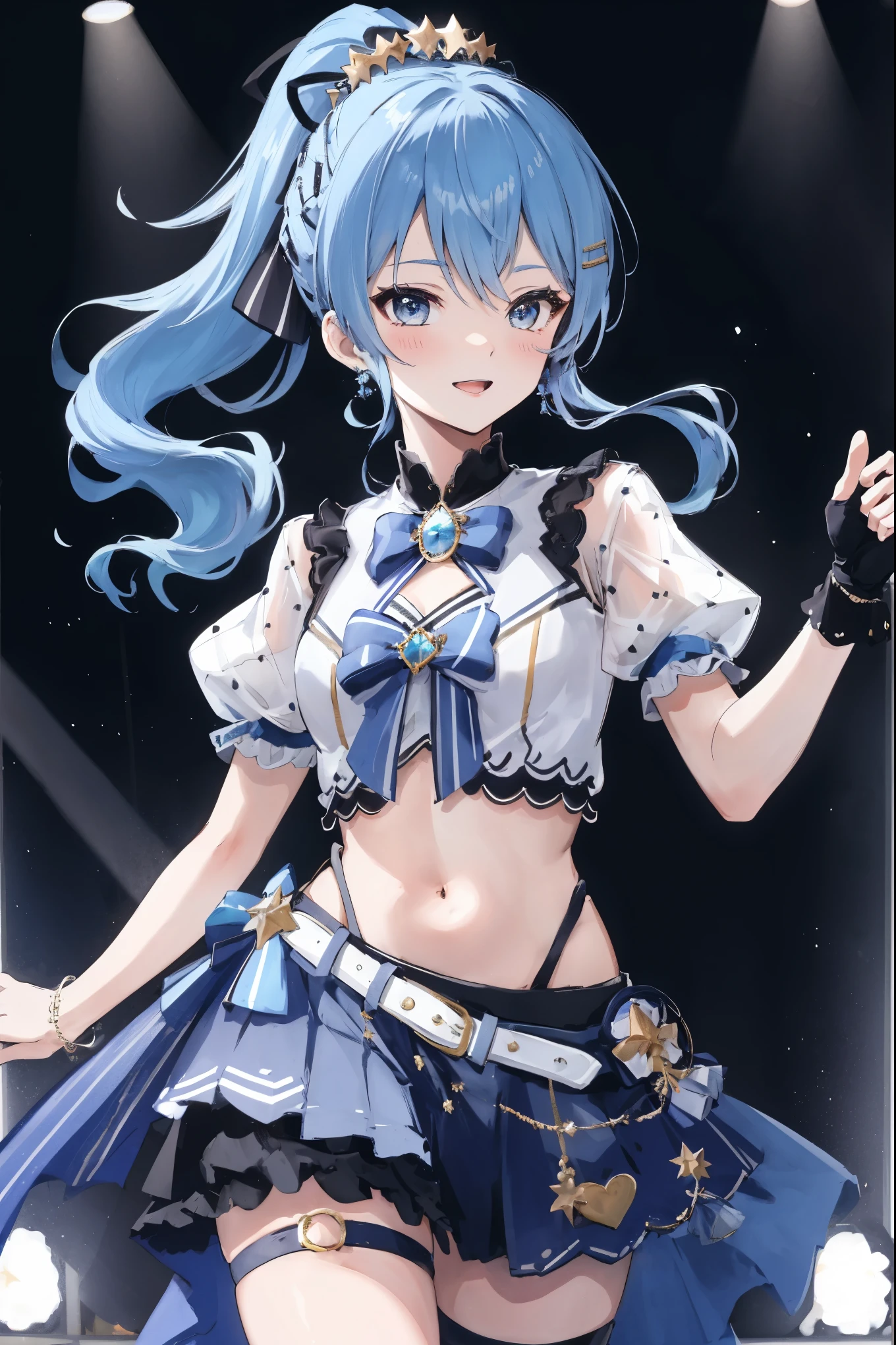 masterpiece, best quality, absurdres, 1girl, solo, Hoshimachi Suisei, light blue hair, blue eyes, happy, smile, parted lips, cowboy shot, sidelocks, ponytail, toned,
idol, idol clothes, hololive idol uniform, bowtie, blue skirt, brooch, dress, concert, on stage, frilled skirt, jewelry, layered dress, short sleeves, tiara, midriff, thighhighs(,shout:1.5),.(open_mouth:1.3),singing,(angry:0.6), (glare:0.6), idle_live,audience_landscape,light up_girl,solo,shiny_effects,smile。joy,happy,