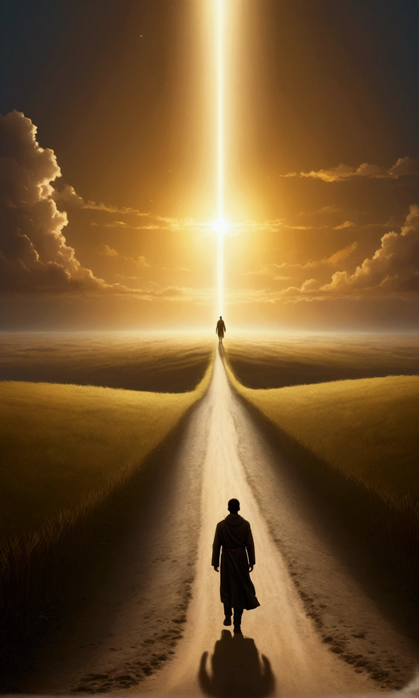 Human figure walking towards a light on the horizon, with an expression of hope and faith. The environment is a path that makes its way through shadows, towards an illuminated destiny.