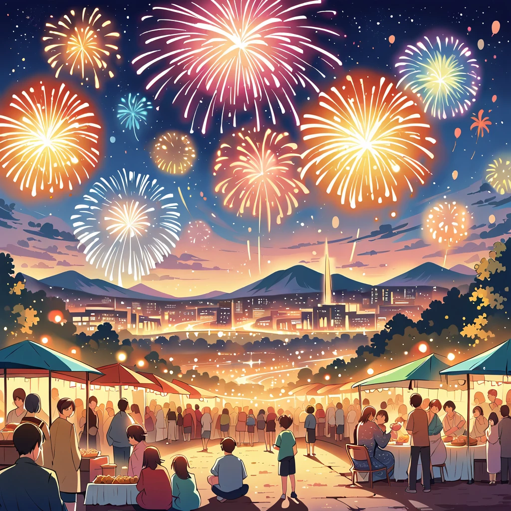 Japanese summer fireworks festival, spectacular night sky filled with vibrant exploding fireworks, colorful bursts of red, gold, green, and blue, shimmering reflections on river surface, crowded riverbank with spectators in yukata and jinbei, families on picnic blankets, food stalls with lanterns, yakisoba and takoyaki vendors, children with sparklers, couples sharing cotton candy, bridge in background, distant city skyline, clear starry sky between fireworks, animated excited expressions on people's faces, detailed anime style illustration, dynamic composition capturing both fireworks and crowd, warm summer evening atmosphere