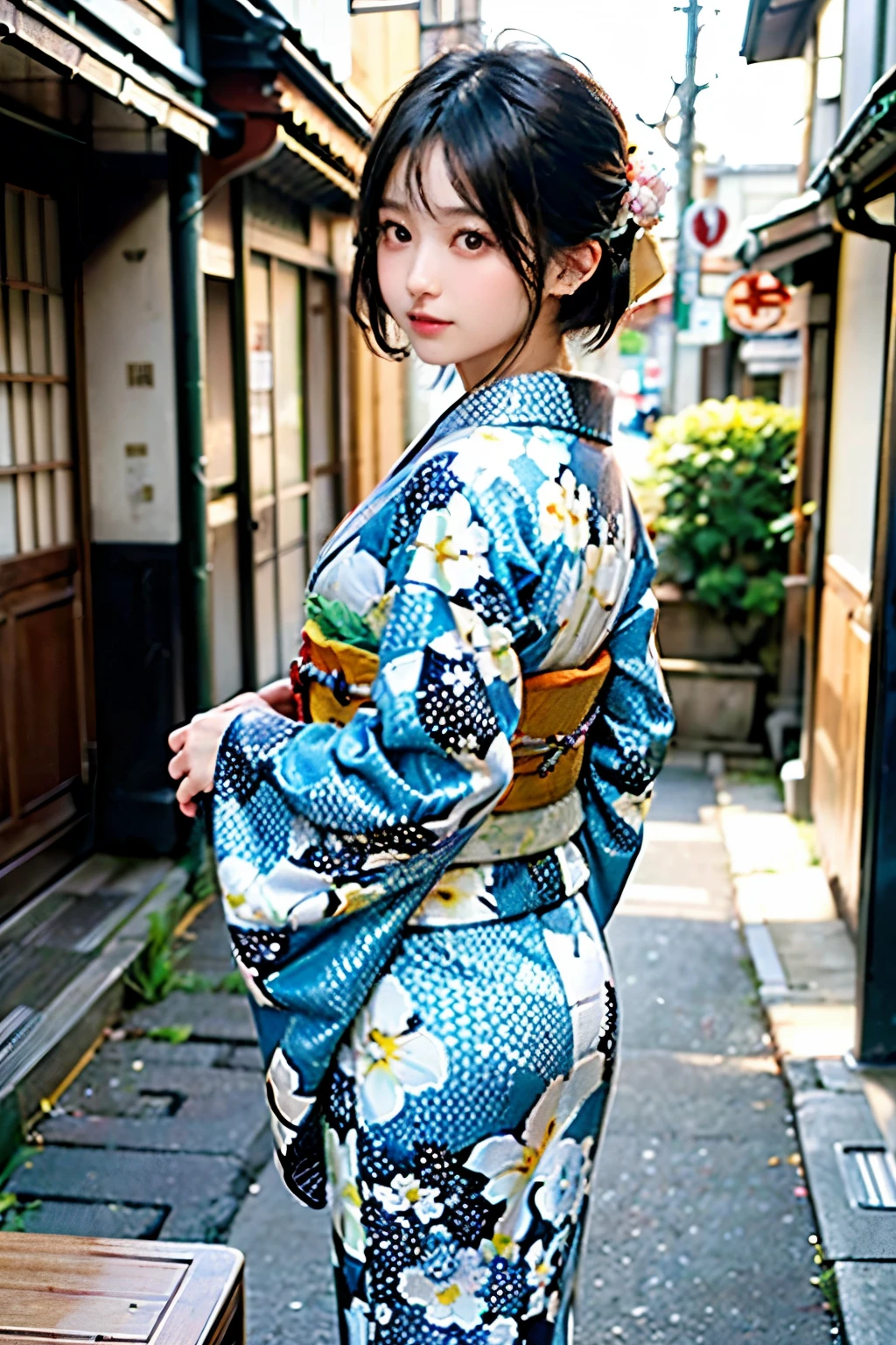 (Highest quality,8K quality,masterpiece:1.3,High resolution,Tabletop:1.2), Front view:0.8, View your viewers, 23-year-old woman, Looking into the camera,(Japanese clothing, kimono:1.4,generally:1.2,Floral, ),(Short Bob Hair:1.2,Black-haired), (Backstreets:1.3), Cinematic,(若手Gravure idol, Gravure idol, 洗練されたGravure idol),(finely detailed perfect face),Normal hand,Normal finger,Normal legs