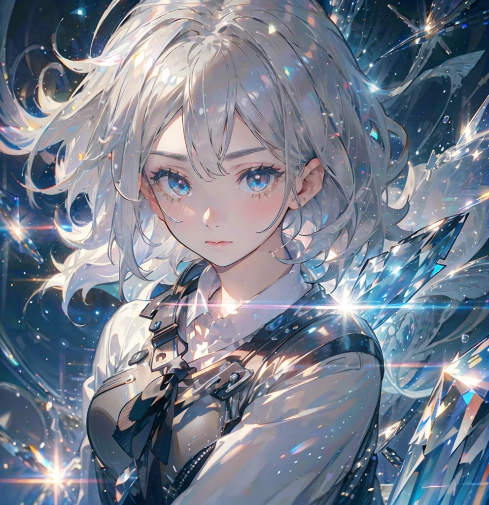 silver hair, short hair, asymmetrical bangs, crystal hair, shiny hair, Surrealism, lens flare, anime, 8k, super detail, UHD, retina, masterpiece, accurate, anatomically correct, textured skin, super detail, high details, high quality, award winning, best quality, highres
A girl inspired by Uranus, with a lively atmosphere but a sad and dignified expression. She has short silver hair. The background includes meteors streaking across the sky