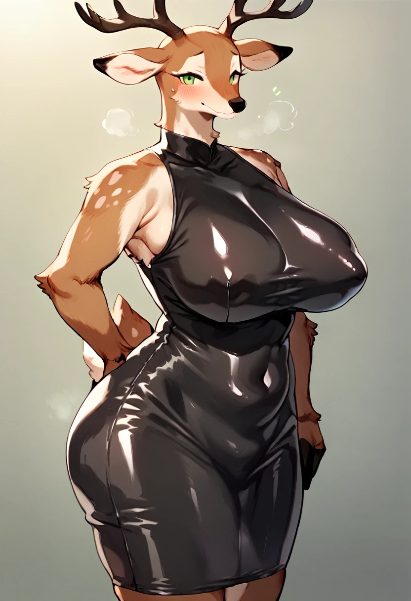 by bebebebebe, by buta99, score_9, score_8_up, score_7, furry, solo, deer, latex tight dress, giant curves, giant breasts, giant ass, frontal view, looking at viewer, blush on face, naught face, simple background