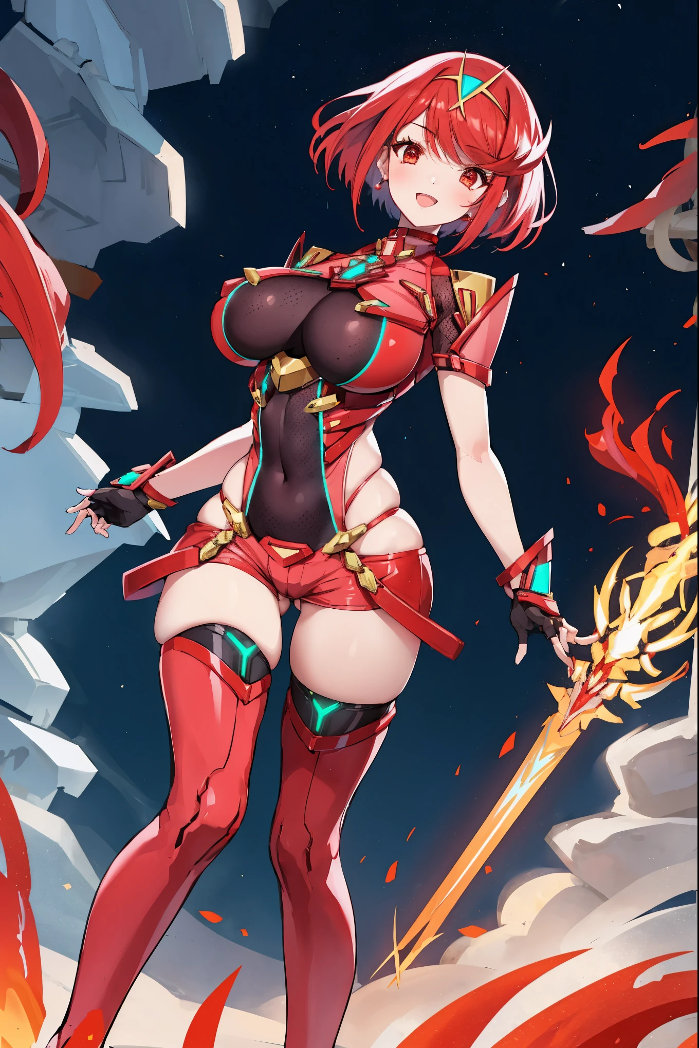 pyra \(xenoblade\), young__1girl, armor, bangs, black gloves, breasts, red eyes, closed mouth, earrings, eyelashes, fingerless gloves, floating hair, framed breasts, gem, gloves, hair ornament, headpiece, jewelry, big_breasts, leaning back, leotard, neon trim, official art, pose, red hair, red shorts, saitou masatsugu, short hair, short shorts, short sleeves, shorts, sidelocks, skin tight, solo, standing, swept bangs, thighhighs, tiara, night_prairie_background, turtleneck, underbust, vambraces, xenoblade chronicles \(series\), (xenoblade chronicles 2), apart_legs, fire_effect,dynamic_pose_fighting,light_smile, (plump:1.1), big_ass,huge_sword, hold_large_sword_hilt, solo, covered_nipples, covered_pussy,open_mouth,back_view,