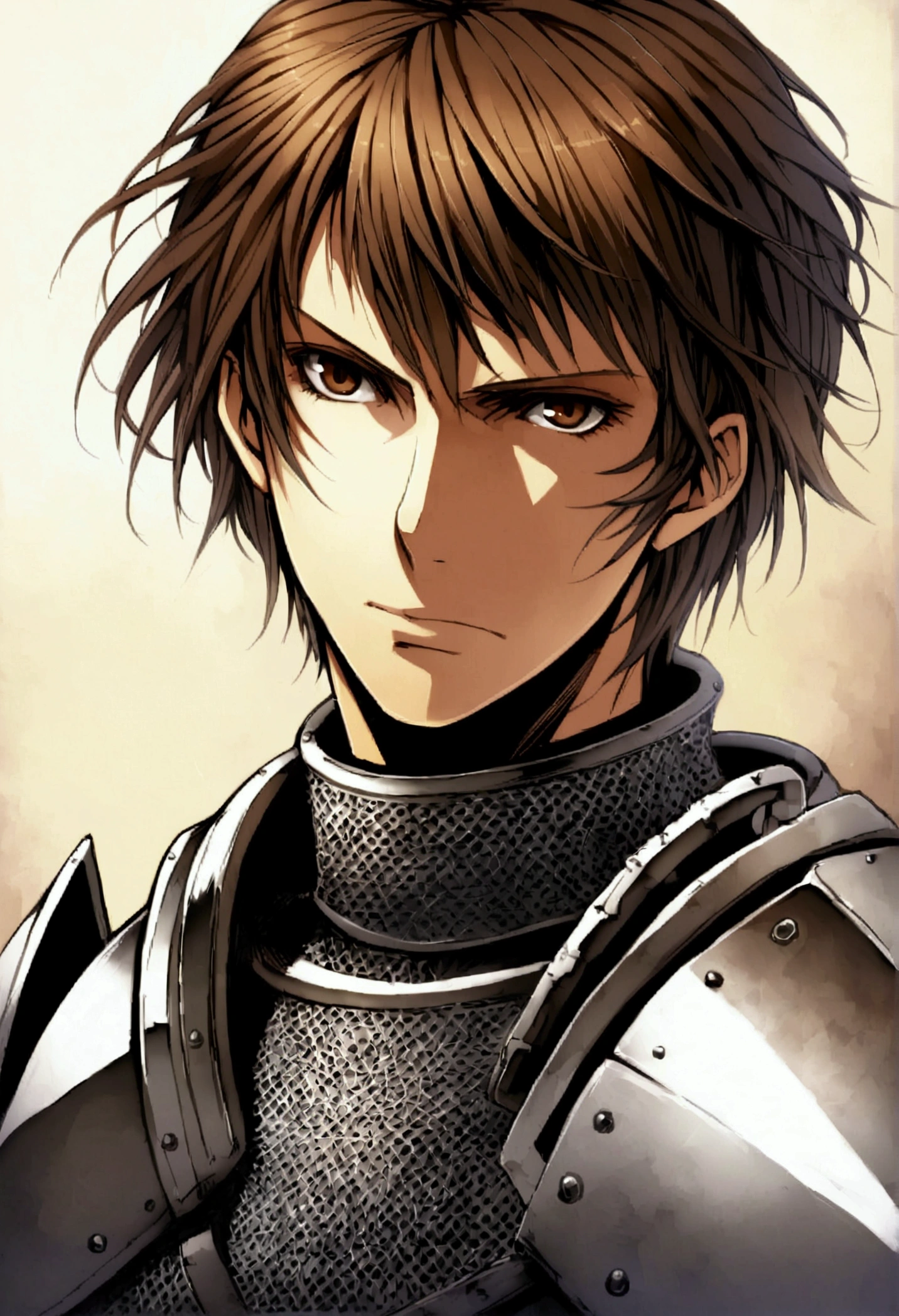 portrait, chain mail male knight, very short brown hair, battle hardened, calmly standing, early 20s, brown eyes, plain and simple blue background, shining force style