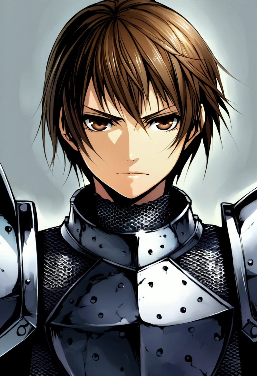 portrait, chain mail male knight, very short brown hair, battle hardened, calmly standing, early 20s, brown eyes, plain and simple blue background, shining force style