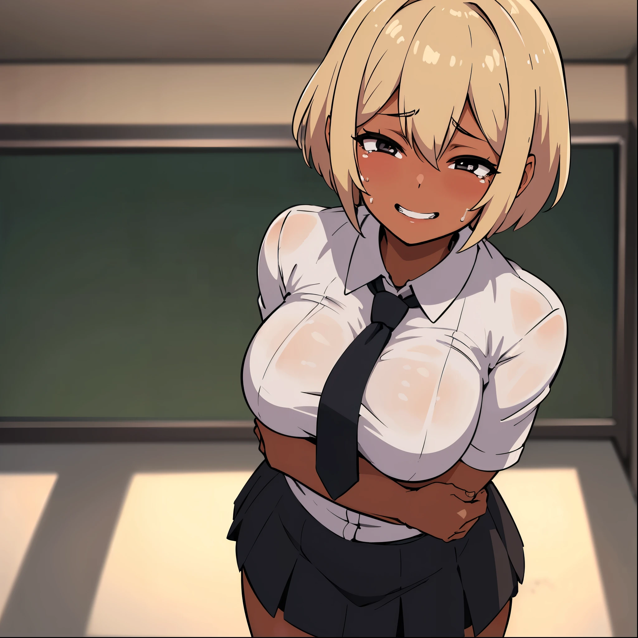 top quality, masterpiece, ultra high resolution, image of an anime girl with short blonde hair and well detailed black eyes tanned body and dark skin she is in a classroom and she is wearing a very tight  uniform and has a very short skirt she is blushing and is smiling while crying 