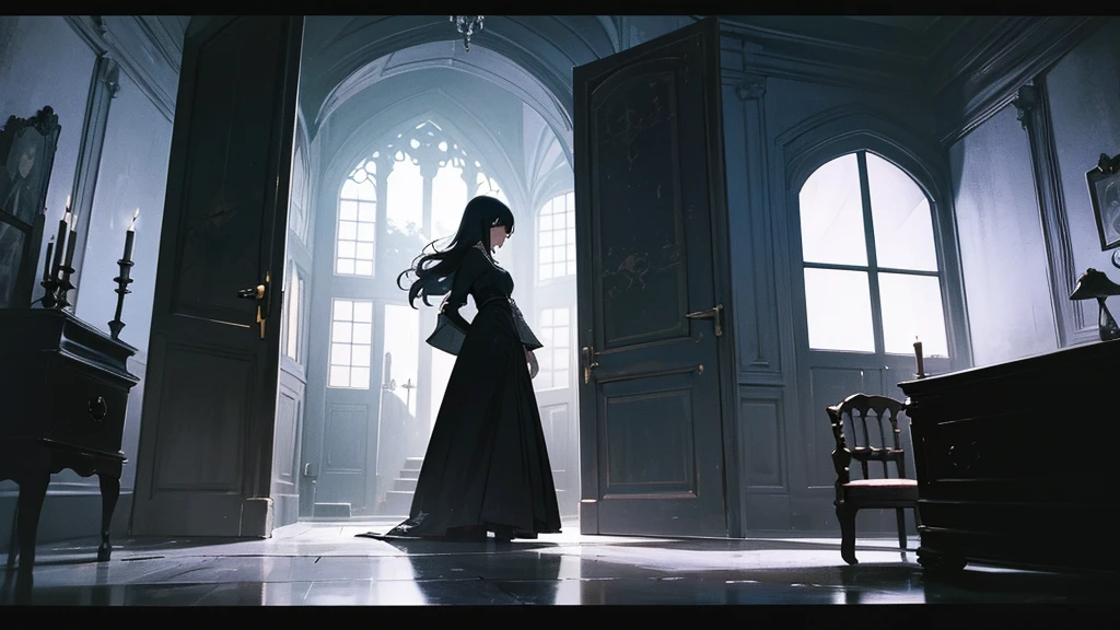 A hidden door in a dark, abandoned manor, slightly ajar, with darkness inside. In the foreground, a young woman (Emily) cautiously peering into the dark room, her lantern casting eerie shadows. The silhouette of Lady Ravenwood’s ghost is faintly visible inside the room, creating a sense of suspense and mystery."
