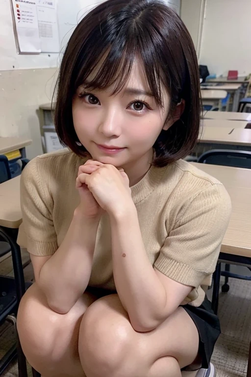 Asian woman in her fifties wearing a short skirt,  beautiful, Fine grain, double eyelid, Tan Skin, Sexy feminine, , In the classroom, Half squat