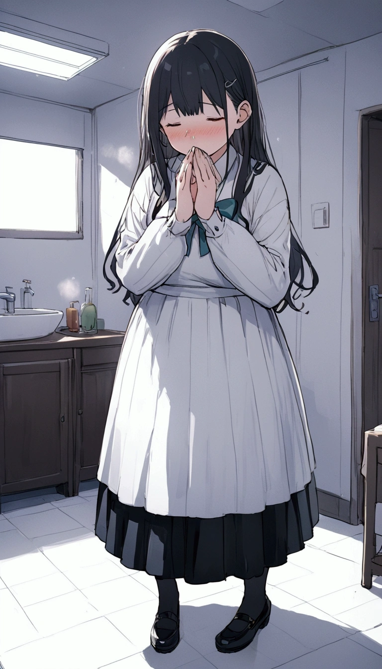 anime. Young woman. high school student. Fat basin. . sneezes. Snot flows from the nose. Covers nose with hands. standing. cool room. full length.  Full body. 8 K. Ultra high quality. Highest resolution.