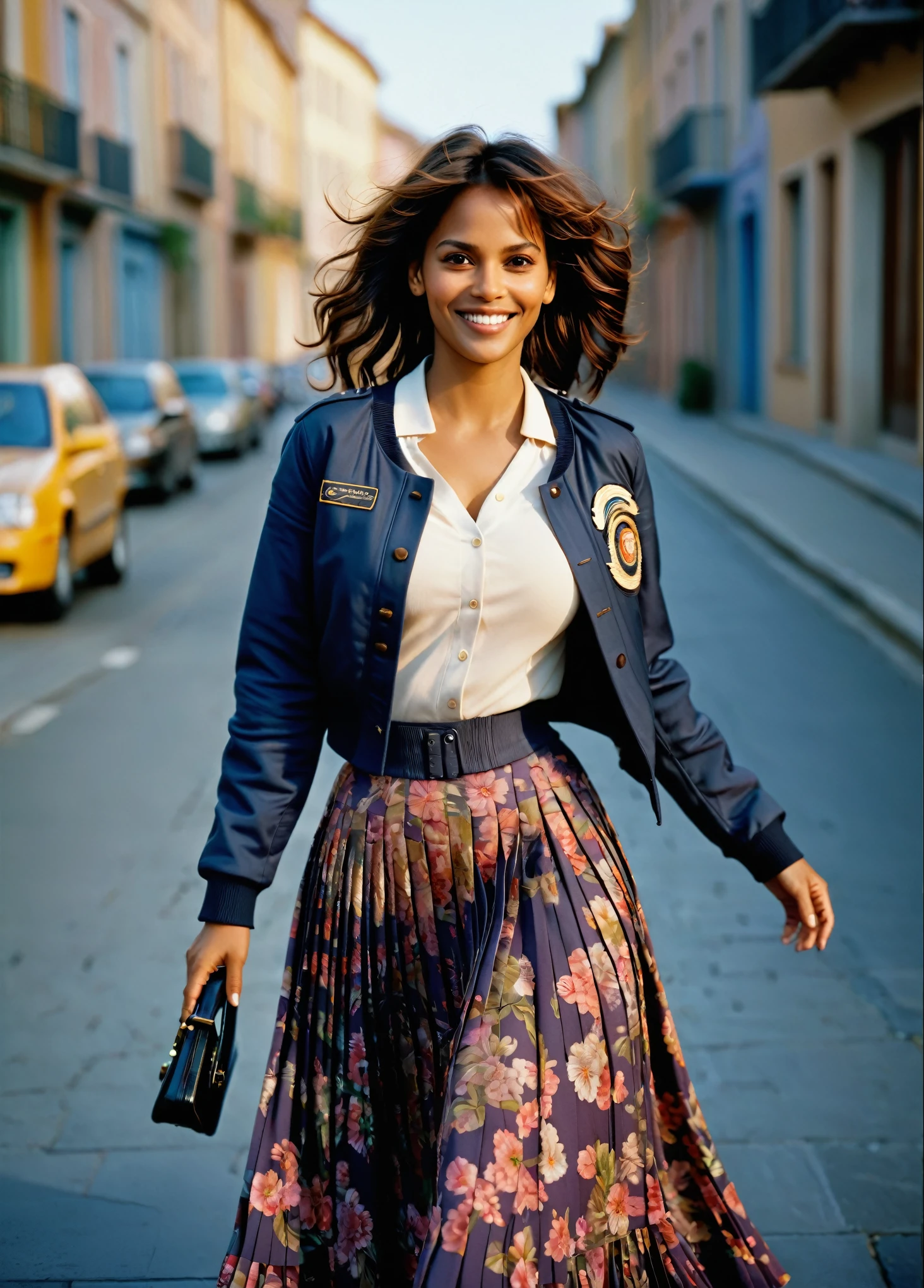 Halle Berry is A smiling, authentic, (shy:1,3), kind, beautiful woman, passionately in love with her skirt, wind wildly lifts her skirt, wearing uniform jacket and very, very detailed (long (fully pleated) full circle skirt) and (low heeled court shoes), very, very intricate hyper-detailed symmetric (attractive graceful young feminine face) with (sad, tired eyes and a loving smile), very voluptuous breasts, full of empathy and compassion and love, (pronounced (feminine) features), (highly detailed ultra accurate realistic) hands and fingers, (windy), epic composition, highly detailed attributes, (35mm f1.4 Kodak portra 400 photograph), extremely high quality RAW photograph, highly detailed atmosphere, sci-fi, cinematic shot, dynamic lighting, 75mm, Technicolor, Panavision, cinemascope, sharp focus, fine details, 8k, HDR, realism, realistic, key visual, film still, superb cinematic color grading, depth of field