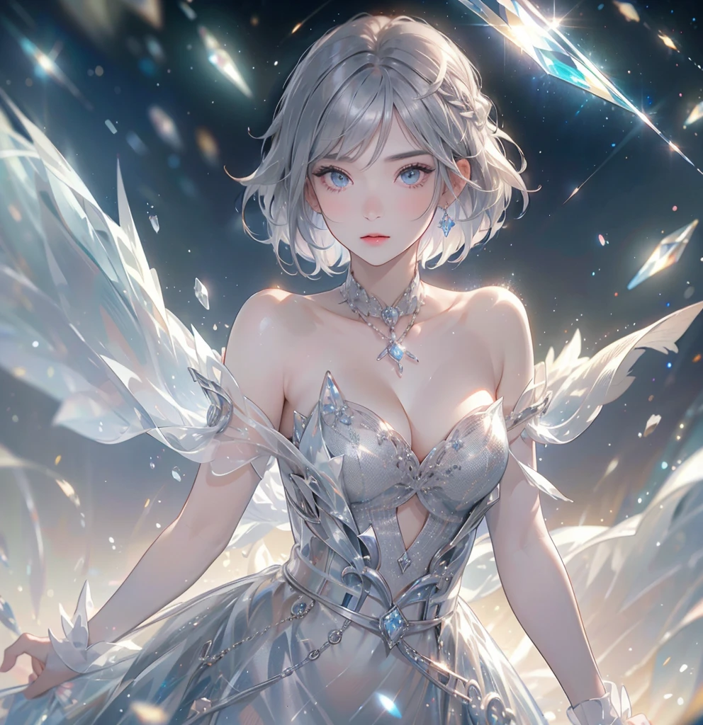 silver hair, short hair, asymmetrical bangs, crystal hair, shiny hair, Surrealism, lens flare, anime, 8k, super detail, UHD, retina, masterpiece, accurate, anatomically correct, textured skin, super detail, high details, high quality, award winning, best quality, highres
A girl inspired by Uranus, with a lively atmosphere but a sad and dignified expression. She has short silver hair. The background includes meteors streaking across the sky
