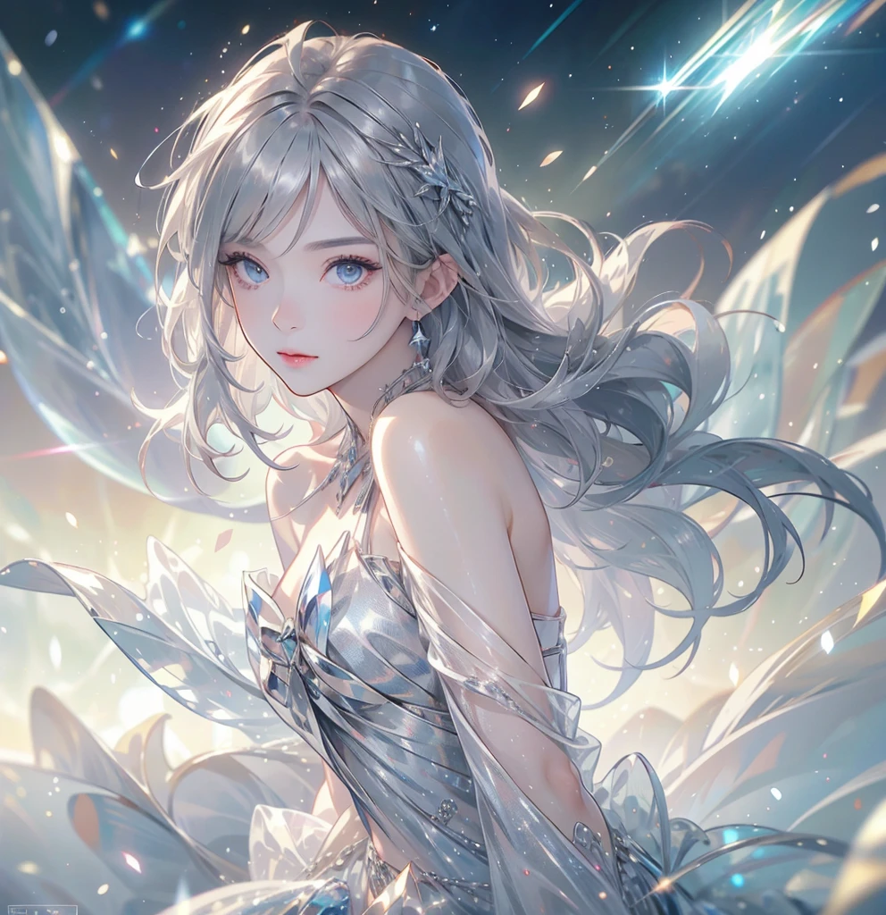 silver hair, short hair, asymmetrical bangs, crystal hair, shiny hair, Surrealism, lens flare, anime, 8k, super detail, UHD, retina, masterpiece, accurate, anatomically correct, textured skin, super detail, high details, high quality, award winning, best quality, highres
A girl inspired by Uranus, with a lively atmosphere but a sad and dignified expression. She has short silver hair. The background includes meteors streaking across the sky
