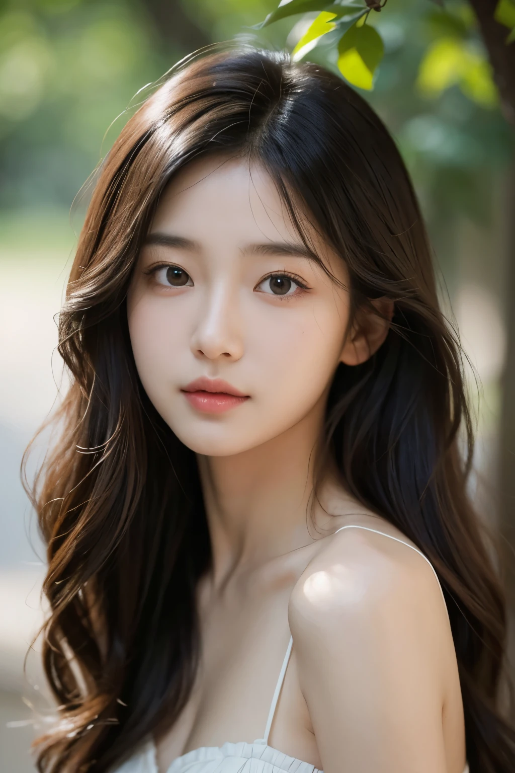 portrait photography , 1 girl, Asian, bare shoulders, shoulder length wavy hair, serene, tranquility, (Realistic detailed eyes, Natural skin texture, realistic facial details)